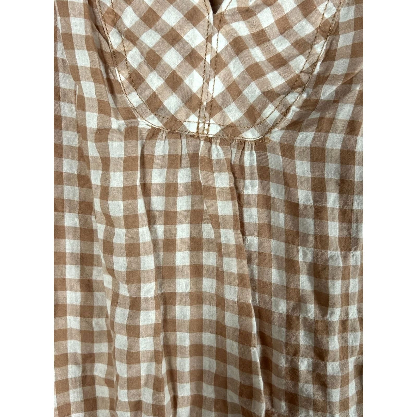 Anthropologie Holding Horses Devon Gingham Top Womens Size 2 Brown White Long Sleeve V-Neck Pullover Blouse Size XS / US 0-2 / IT 36-38 - 2 Thumbnail