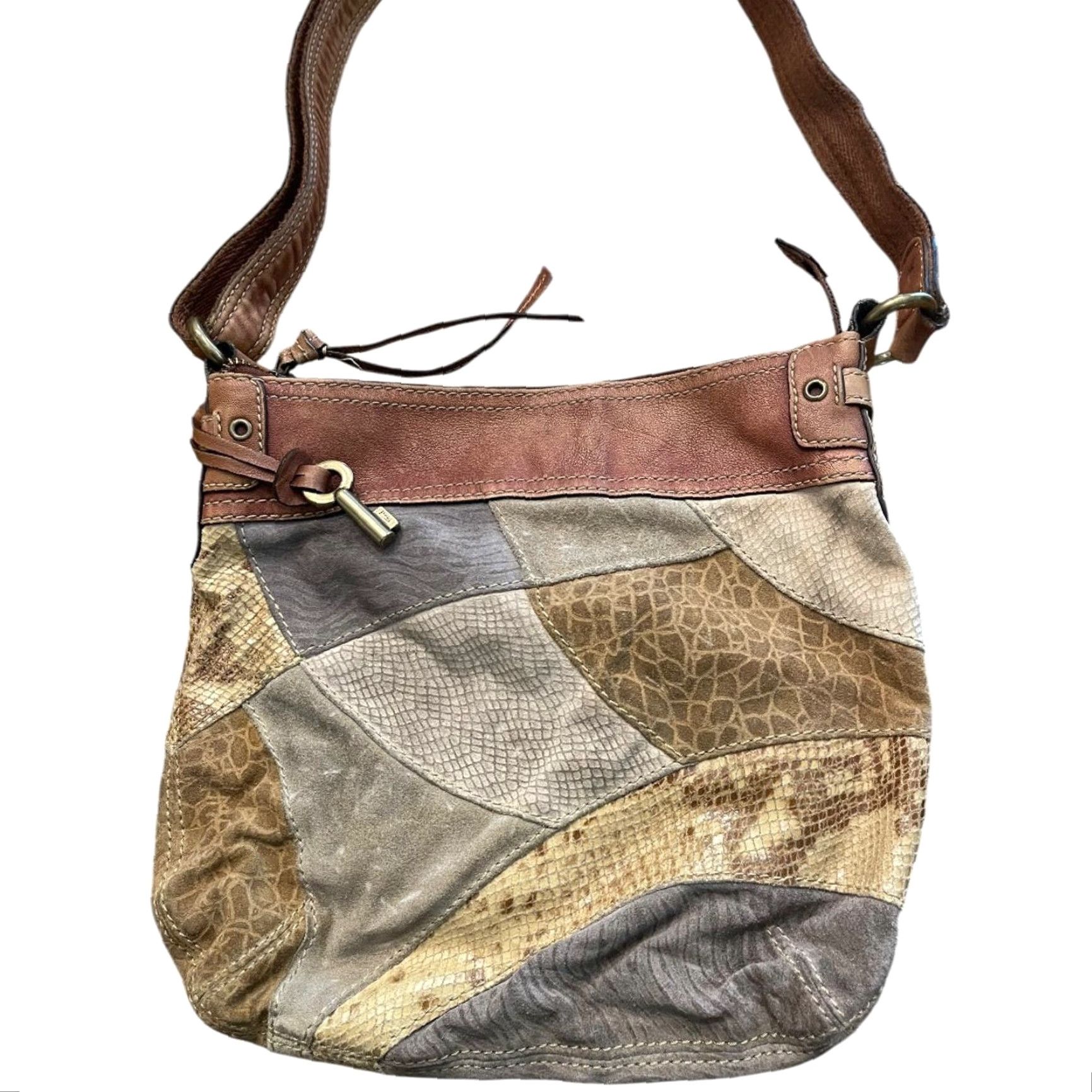 Fossil Fossil Leather Suede Crossbody Purse Boho Patchwork Shoulderbag Women Brown Multicolor Exterior Leather Suede Crossbody Bag 24" Strap Drop Womens Size ONE SIZE - 3 Thumbnail