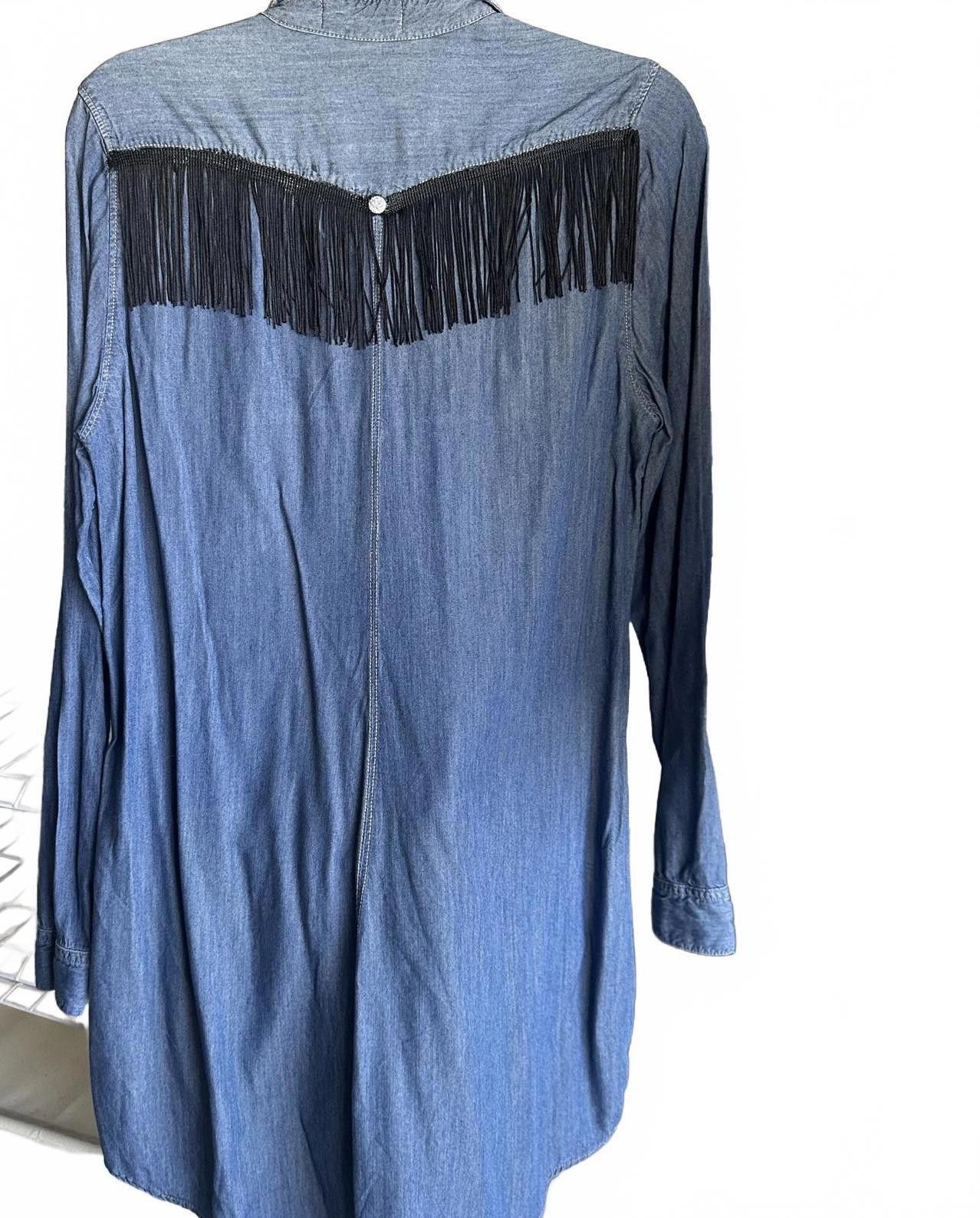 Designer Long Sleeve Denim Shirt dress with Fringe by Yaya Club Size L / US 10 / IT 46 - 1 Thumbnail