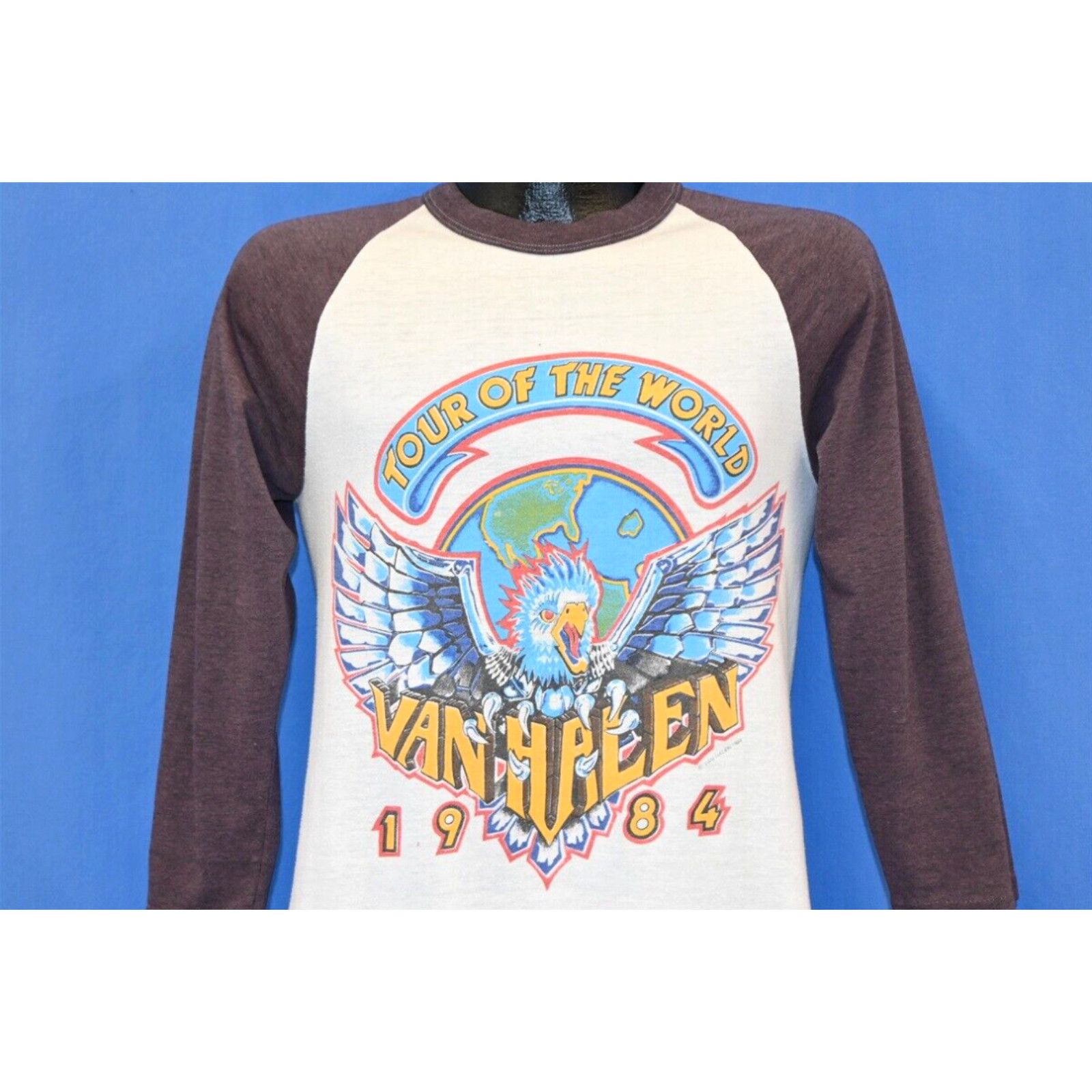 image of Vintage 80's Van Halen 1984 World Tour Faded Raglan Hard Rock T-Shirt Small S in White, Men's