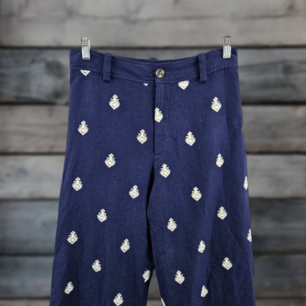 Zara Zara Womens Embroidered Culotte Pants Sz Medium Blue White Linen Blend Size 32" / US 10 / IT 46 - 1 Thumbnail