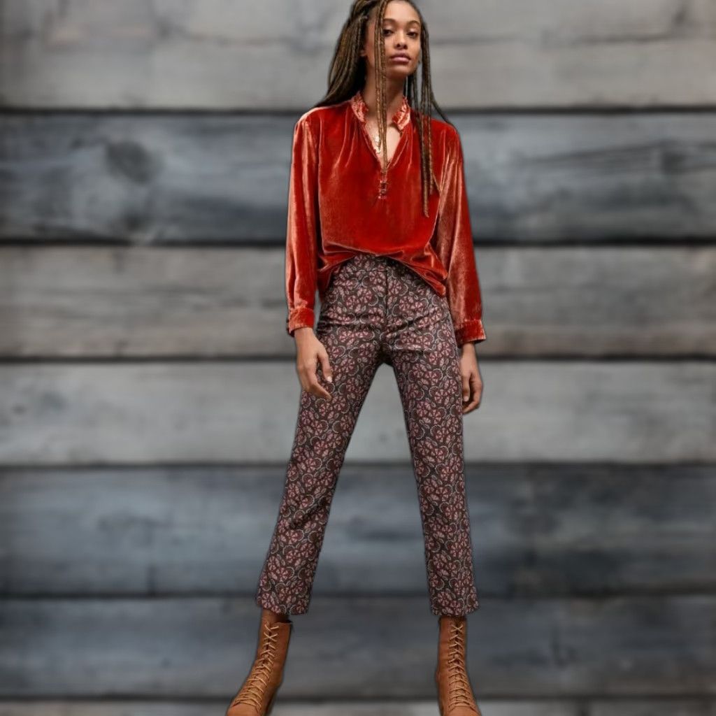 Anthropologie NWT Anthropologie The Essential Slim Paisley Jacquard Pant Size 14 Brown Motif Women Pants Size 36" / US 14 / IT 50 - 1 Thumbnail