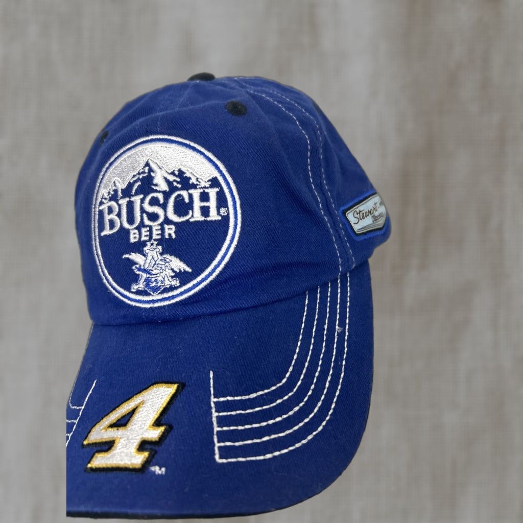 NASCAR Busch Beer NASCAR Racing Blue White Strapback Adjustable Hook Loop Stewart Haas Baseball Cap Mens Adjustable Blue White Cap Size ONE SIZE - 1 Thumbnail
