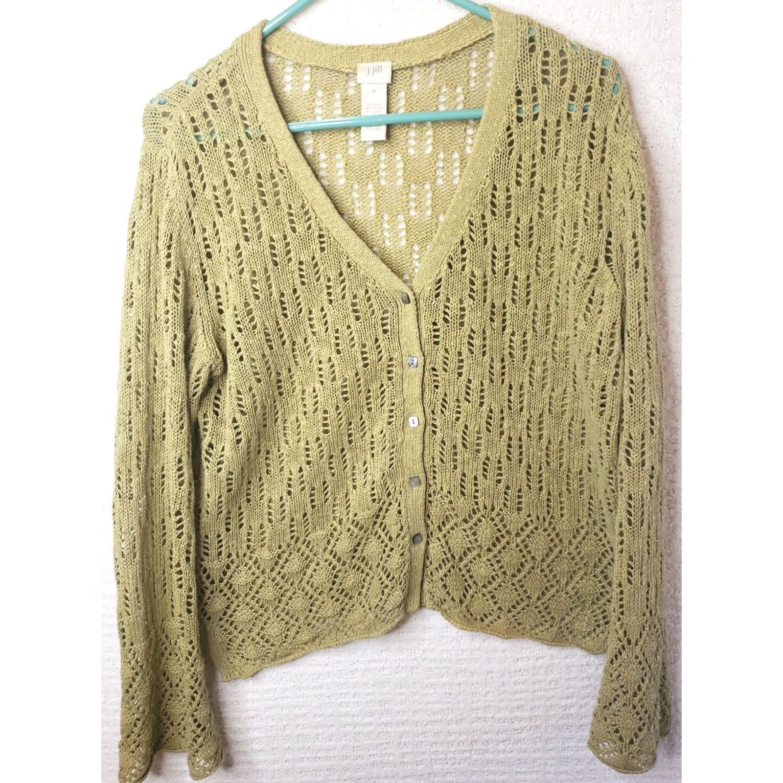 J. Jill J. Jill Bell Sleeve Cardigan Open Knit Light Green Hemp Cotton Size M Women Sweater V-Neck Bell Sleeve Regular Dry-clean Only Size M / US 6-8 / IT 42-44 - 2 Thumbnail