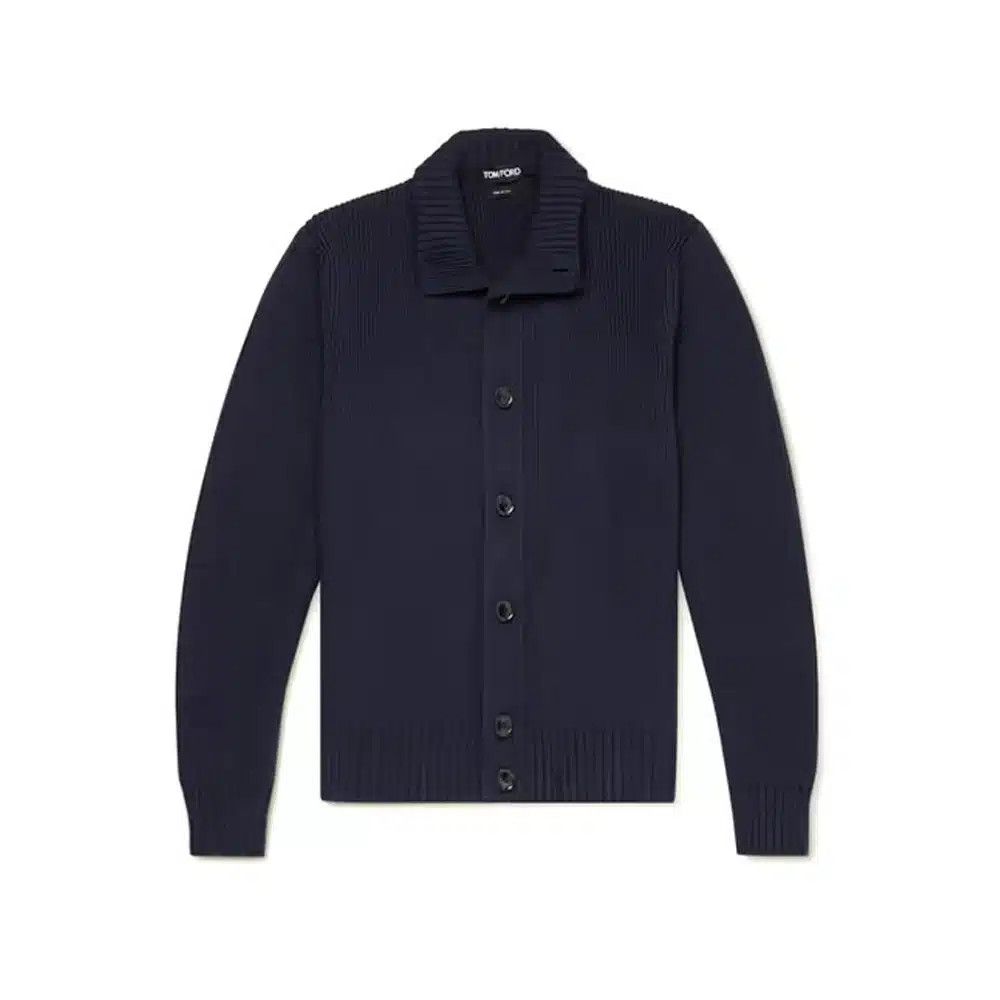 Tom Ford o1loc1c0824 Ribbed Wool & Silk Cardigan in Navy Blue Size US L / EU 52-54 / 3 - 1 Thumbnail