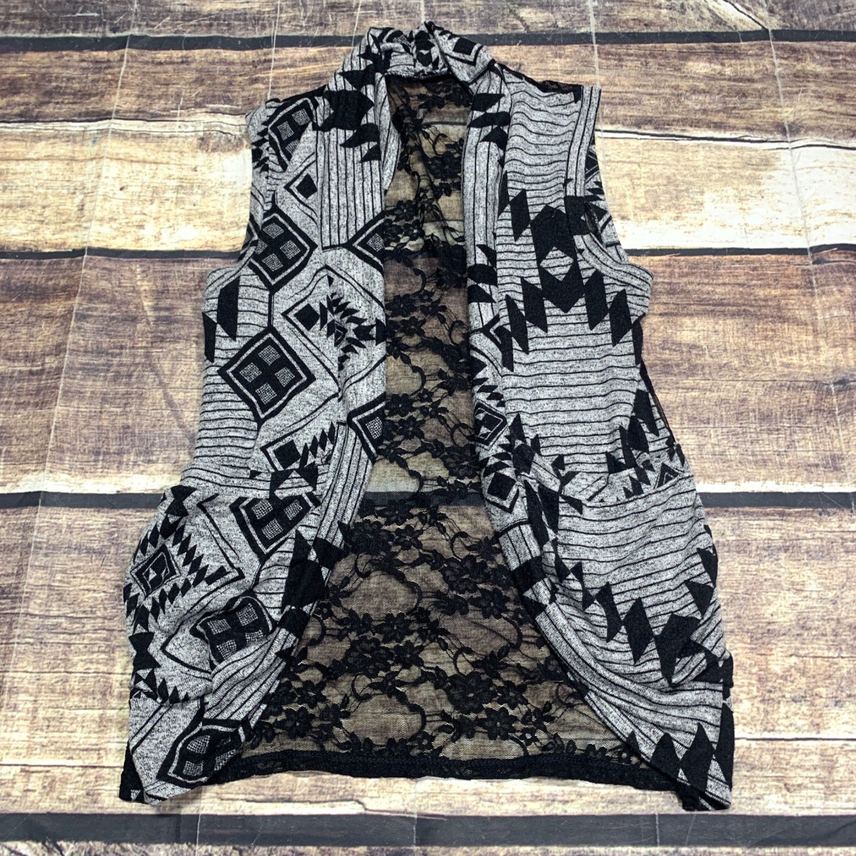 Vintage Womens Cardigan Sleeveless Open Knit Black Gray Lace Back Size Small 2 Pockets Size S / US 4 / IT 40 - 3 Thumbnail