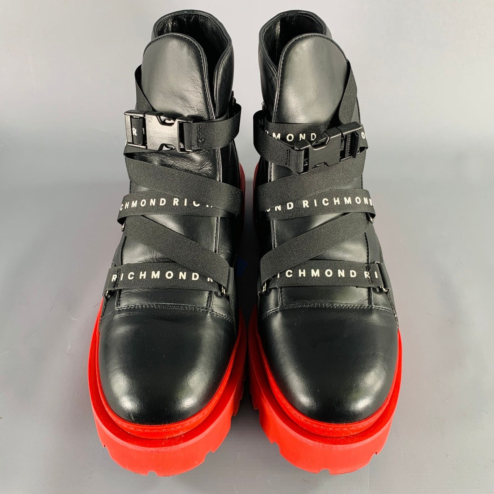John Richmond Size 13 Black Red Solid Leather Track Sole Boots Size US 13 / EU 46 - 4 Thumbnail