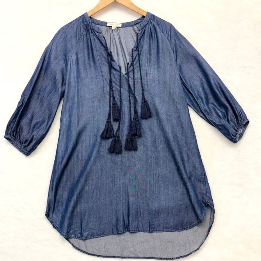 Vintage Honey Punch Dress Womens S Blue Chambray Denim Boho Tassel Peasant Blouse Tunic Mini Size Size S / US 4 / IT 40 - 2 Thumbnail