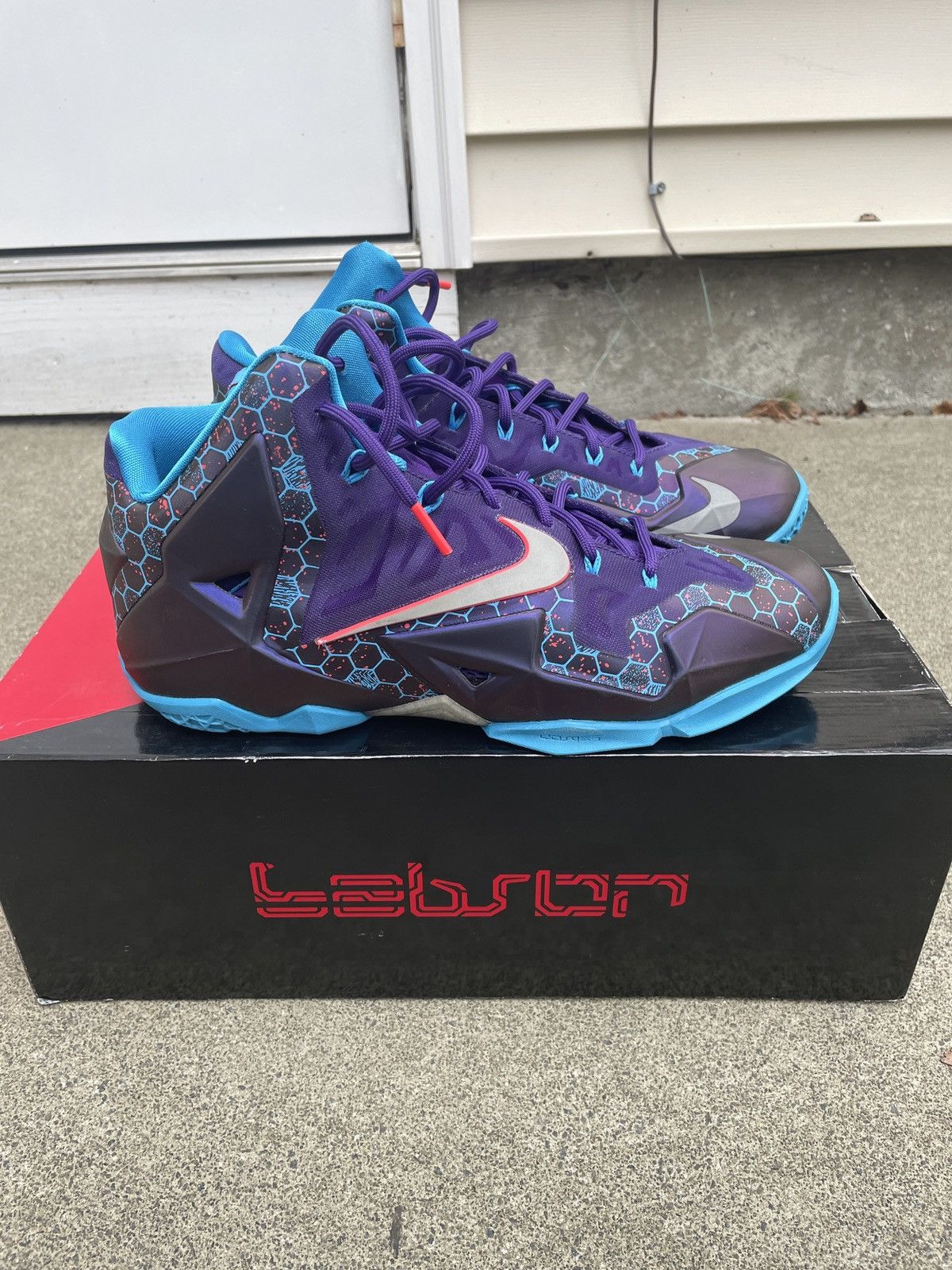image of Nike Lebron 11 Hornets Shoes in Purple/Blue/Grey, Men's