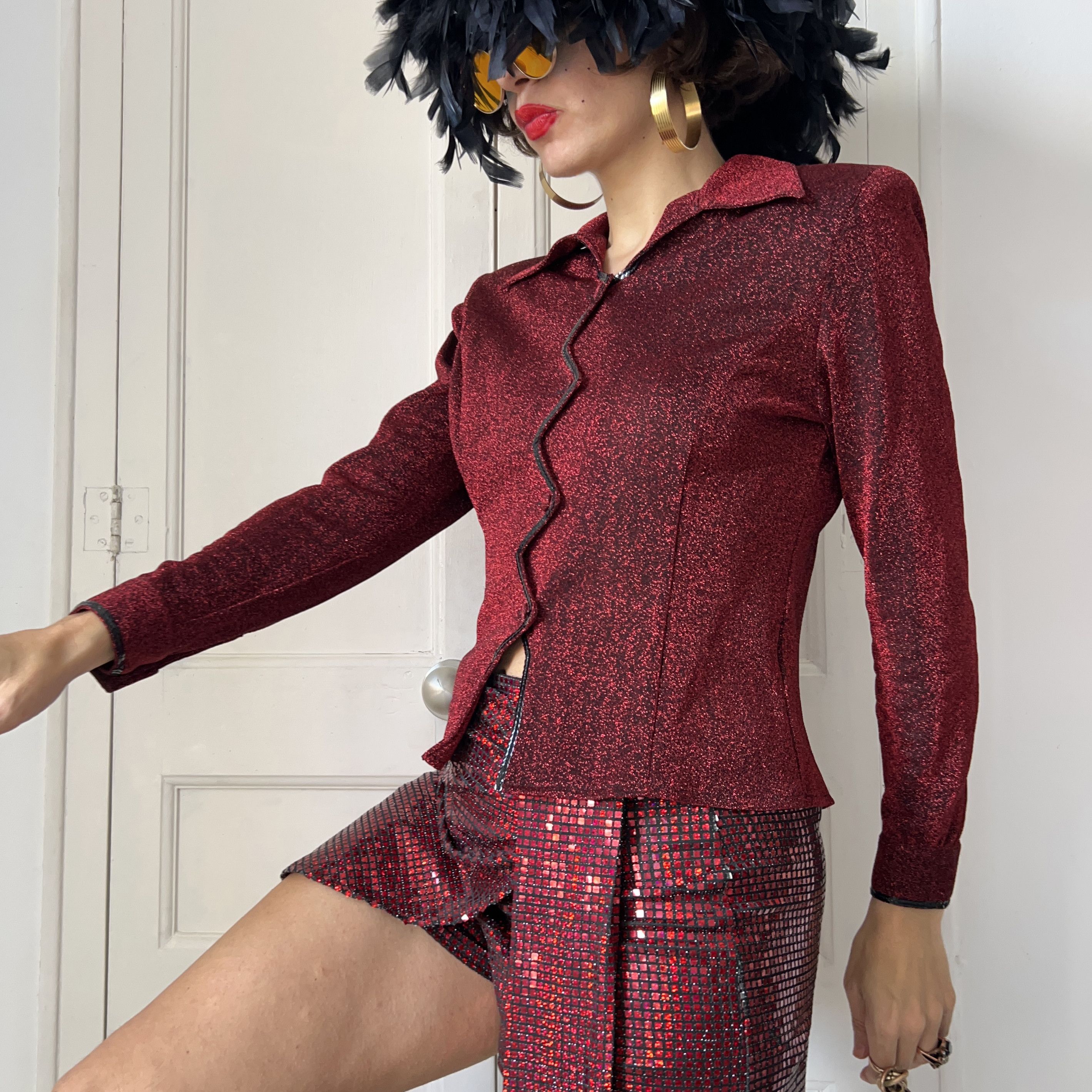 Vintage Vintage 90s Burgundy Glitter Zig Zag Front Blouse Size S / US 4 / IT 40 - 3 Thumbnail