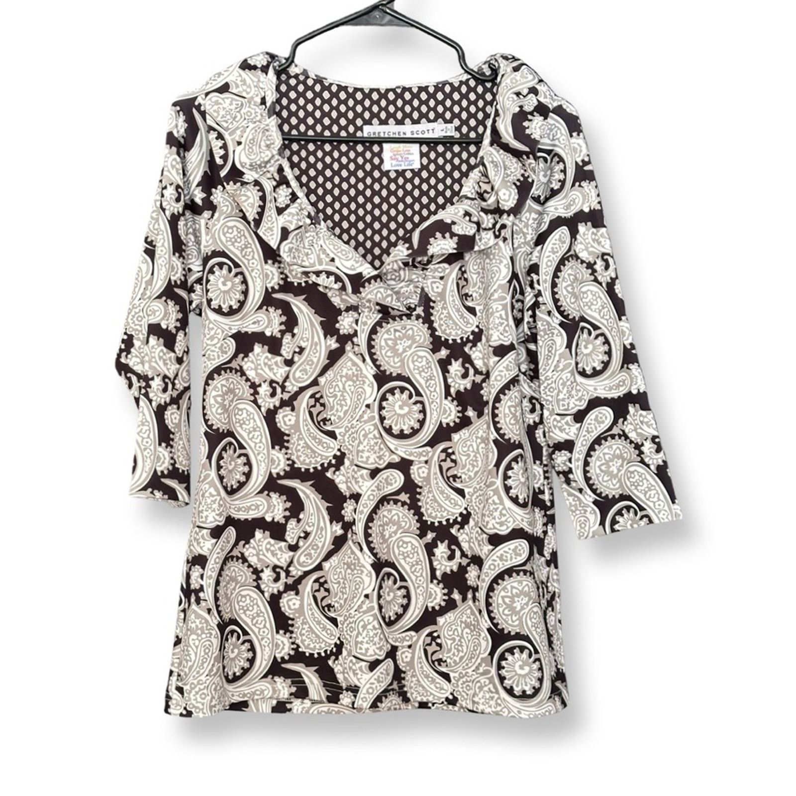 Other Gretchen Scott Ruffled V Neck Paisley Fitted Blouse Size L / US 10 / IT 46 - 2 Thumbnail