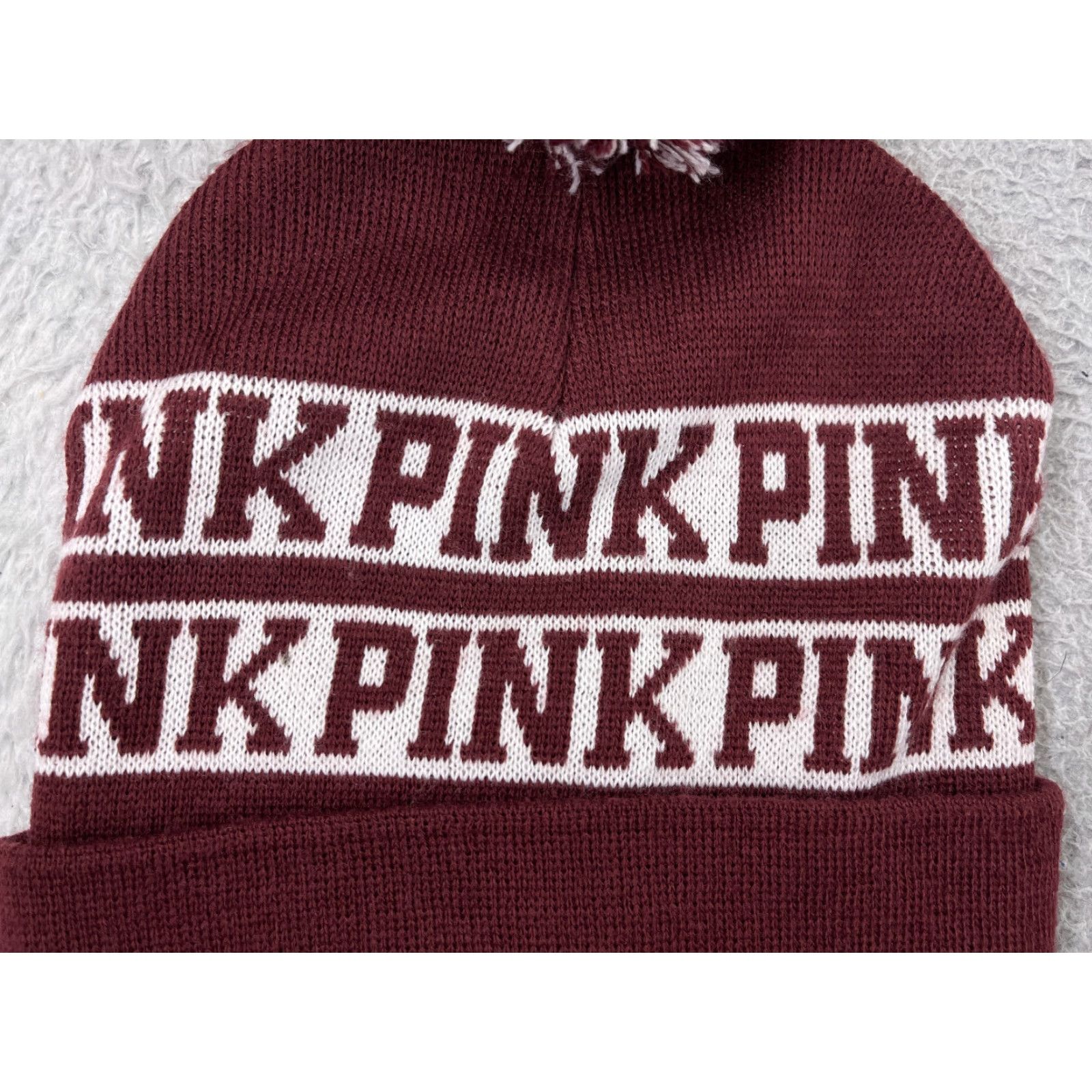 Victoria's Secret Victoria's Secret Beanie Hat Adults One Size Burgundy White Pom Pink Ski Snow Striped Logo Winter Mens Womens Girls Boys Size ONE SIZE - 2 Thumbnail