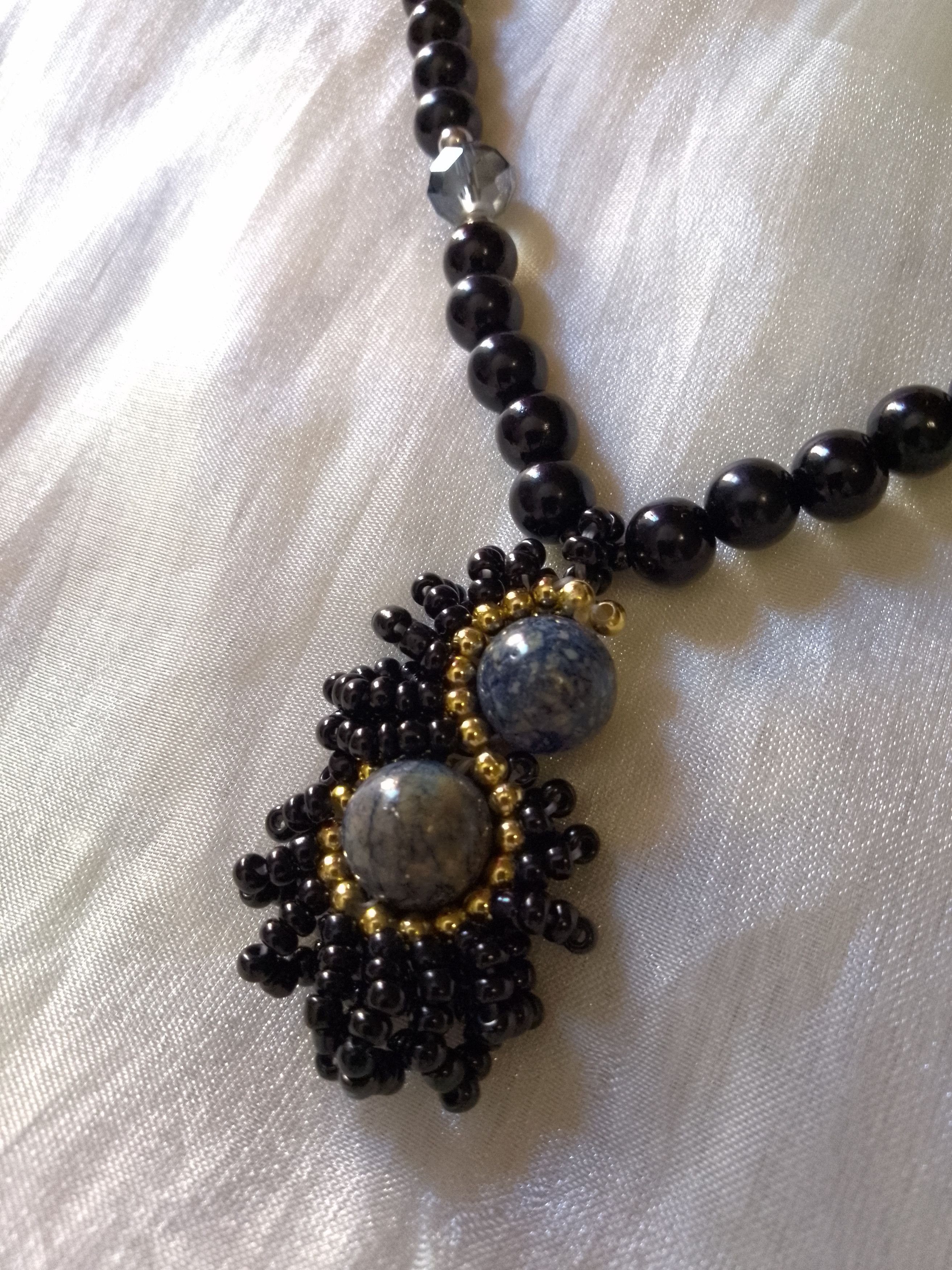 Handmade Long Black Necklace Lapis lazuli gemstone Double Thread Size ONE SIZE - 7 Thumbnail