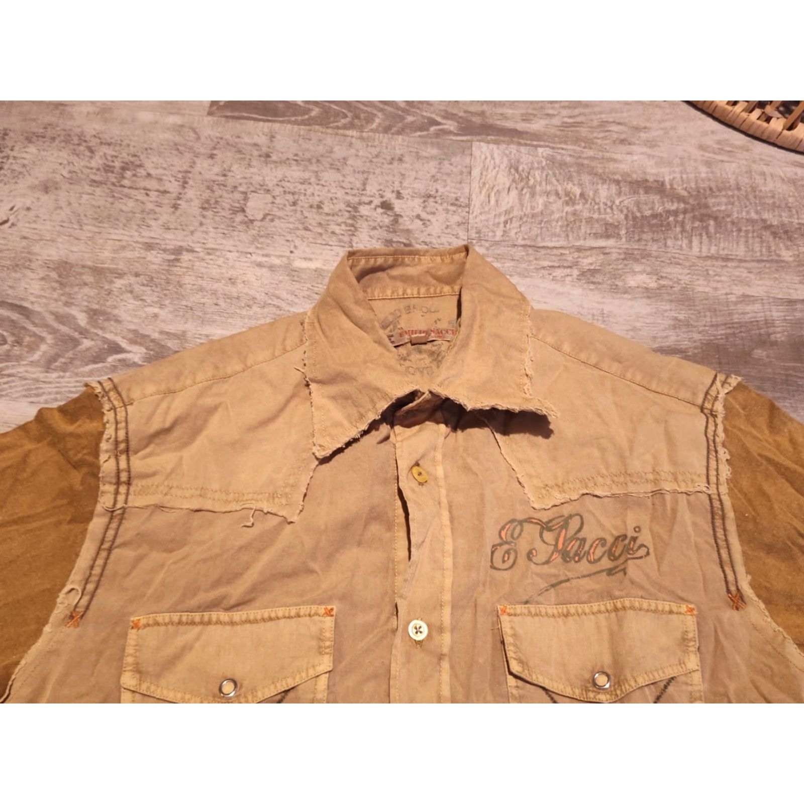 Vintage VINTAGE Emilio Sacci Men's Button-Up Shirt Long Sleeve Casual Retro Patchwork Beige M Size US M / EU 48-50 / 2 - 6 Thumbnail
