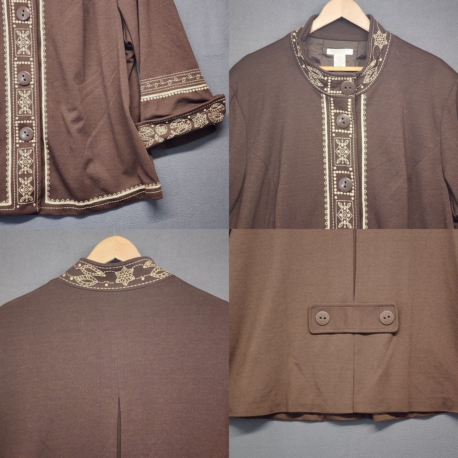 Vintage Tweeds Cardigan Jacket Womens 2XL Brown Geometric Embroidered Band Collar Stretch Size XXL / US 16-18 / IT 52-54 - 8 Thumbnail