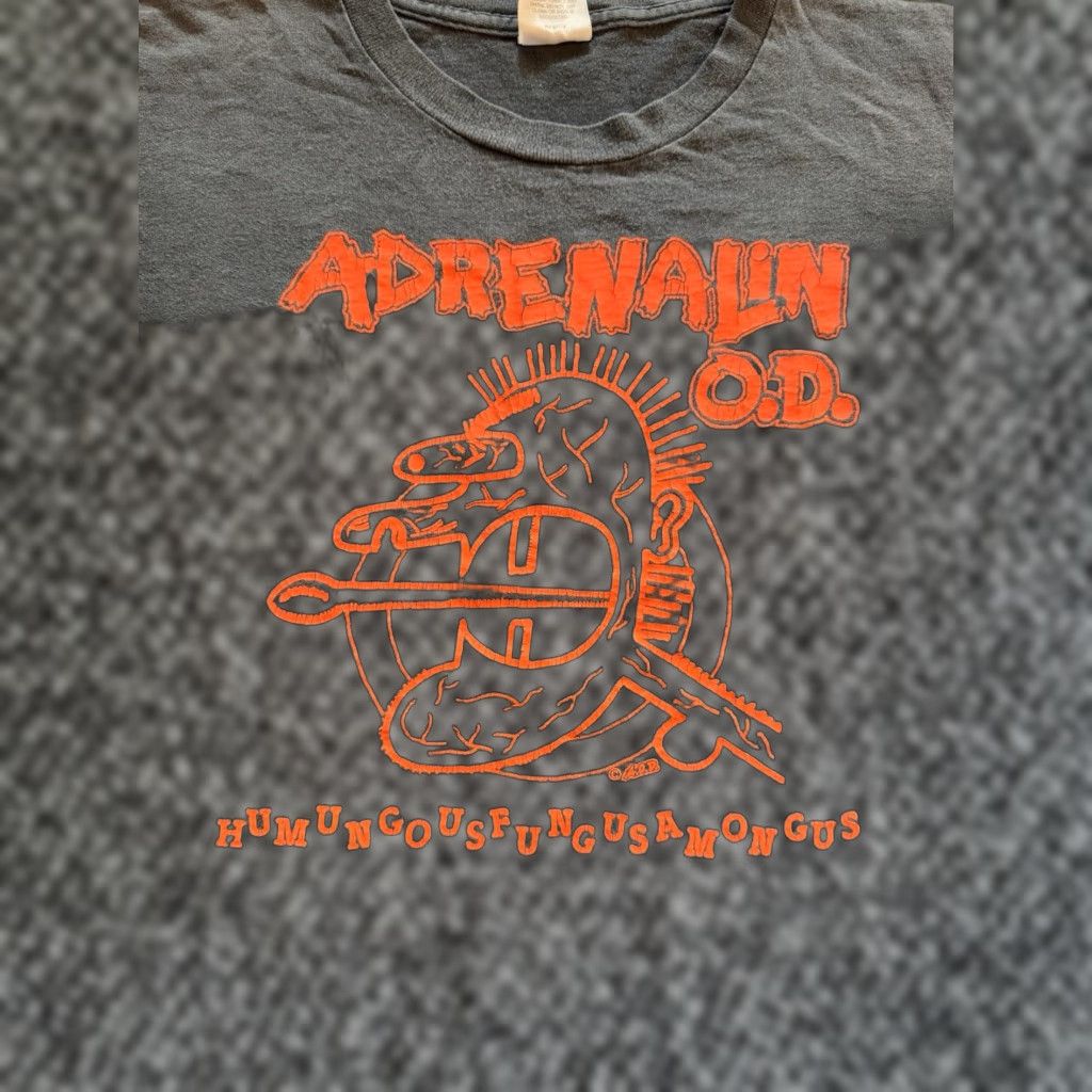 Vintage VINTAGE Adrenaline O.D. Humungousfungusamongus T Shirt XL Black Cotton Crew Neck Short Sleeve RP Men's 80s Band Punk Graphic Print Double-Sided Size US XL / EU 56 / 4 - 1 Thumbnail