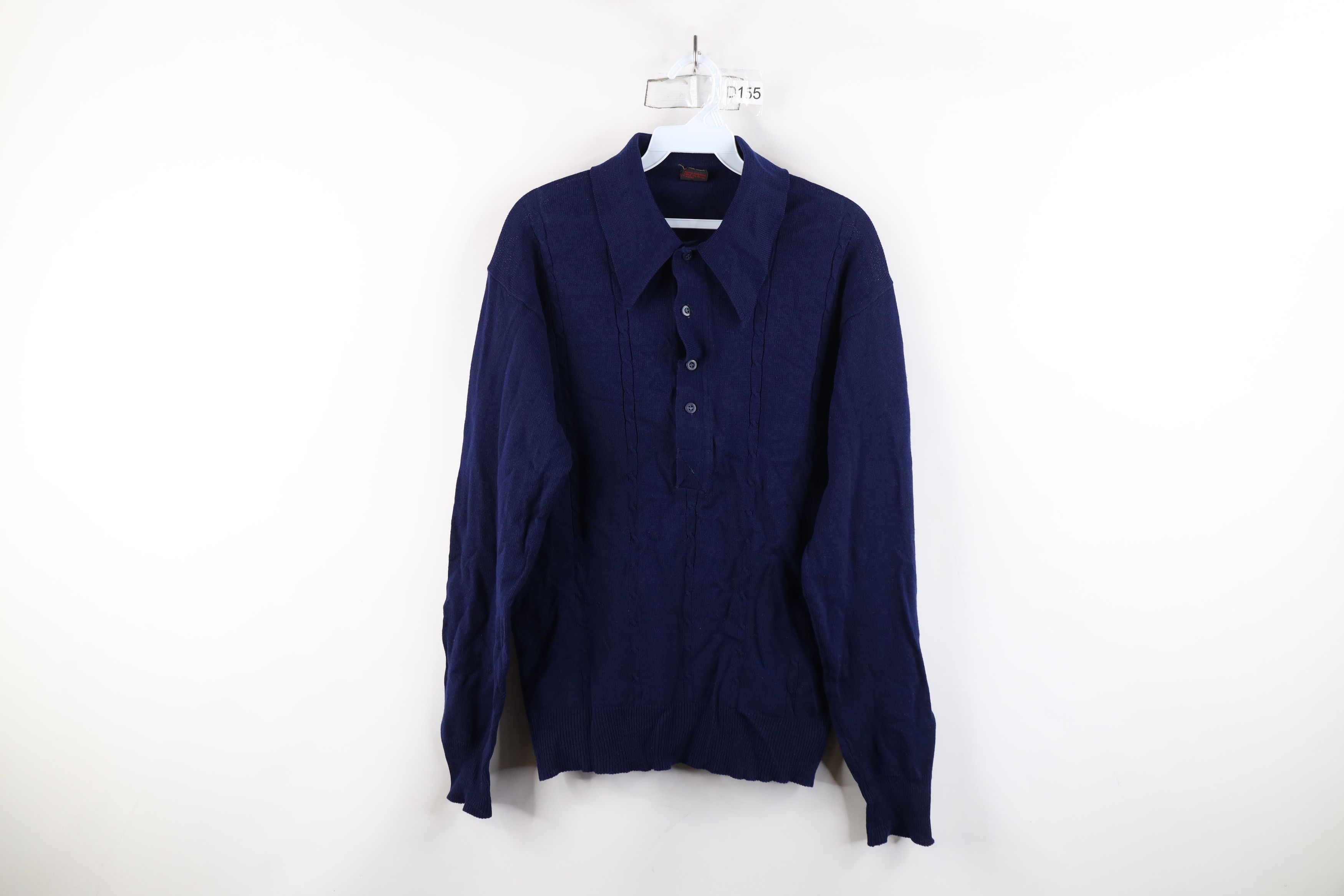 Vintage Vintage 70s Streetwear Cable Knit Collared Sweater Navy Blue Size US L / EU 52-54 / 3 - 1 Thumbnail