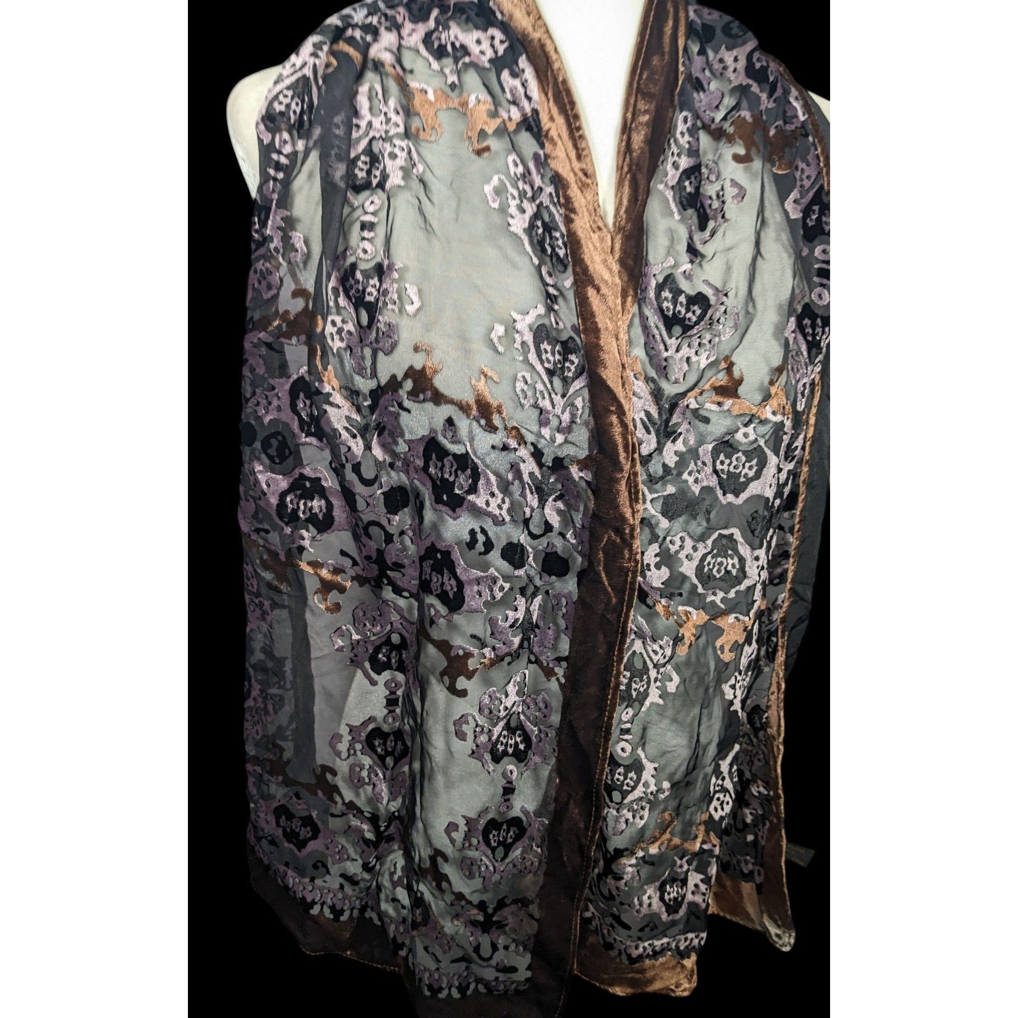 Other Brown And Lilac Gothic Damask Velvet Burnout Scarf Size ONE SIZE - 4 Thumbnail