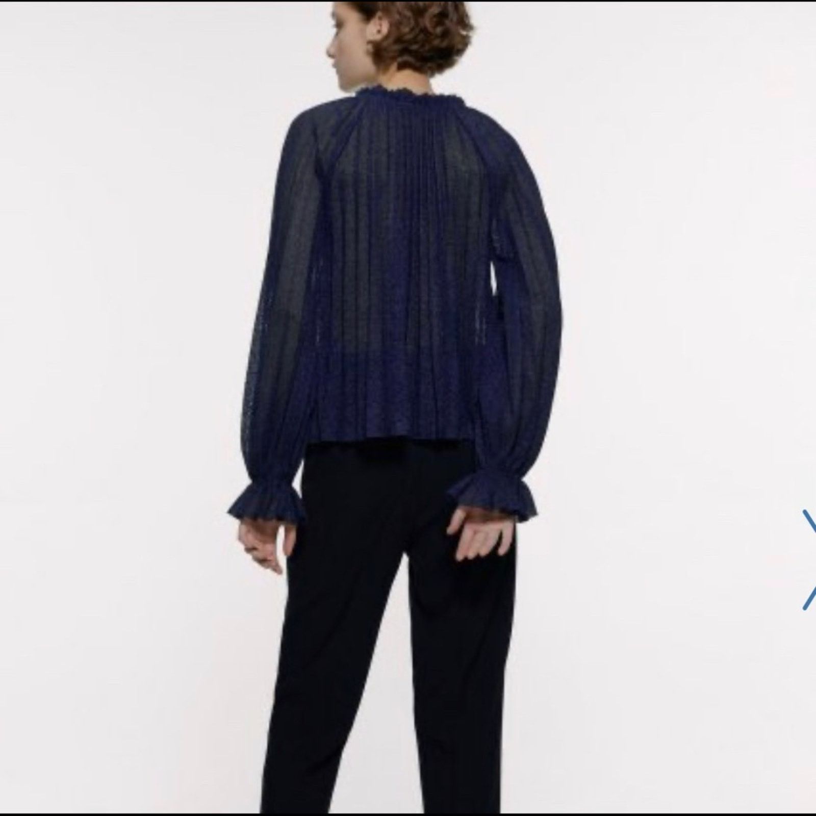 Zara Zara Knit Blue Pleated Bell Sleeve Ruffle Neck Sheer Blouse Size M / US 6-8 / IT 42-44 - 3 Thumbnail