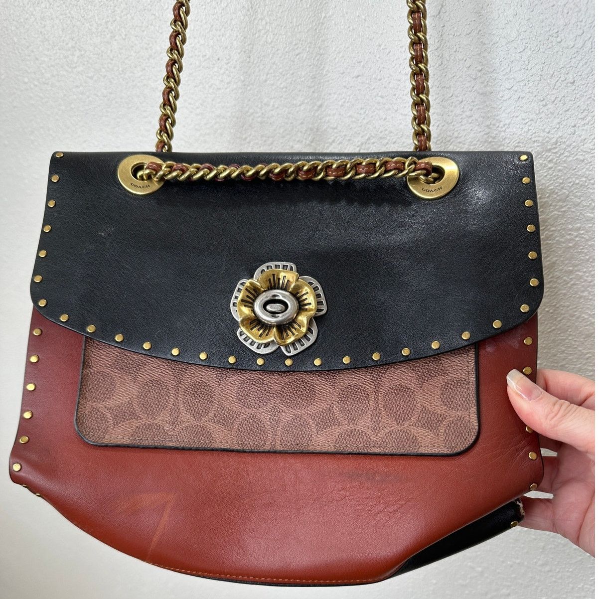 Coach Vintage Coach Tea Rose Parker Bag Rivets Snakeskin Detail Size ONE SIZE - 3 Thumbnail