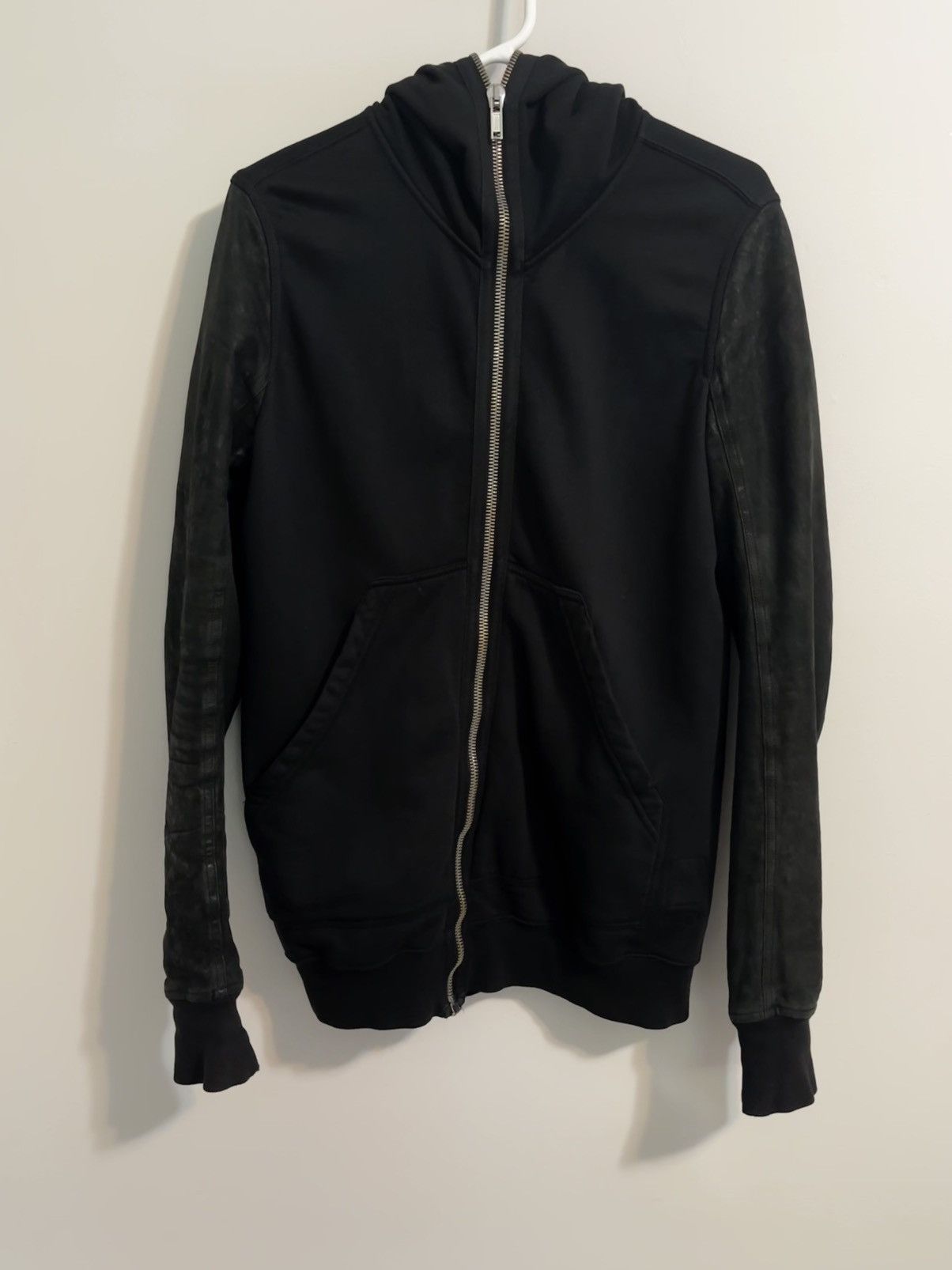 image of Rick Owens Ss15 Leather Sleeve Gimp Hoodie in Black, Men's (Size Small)