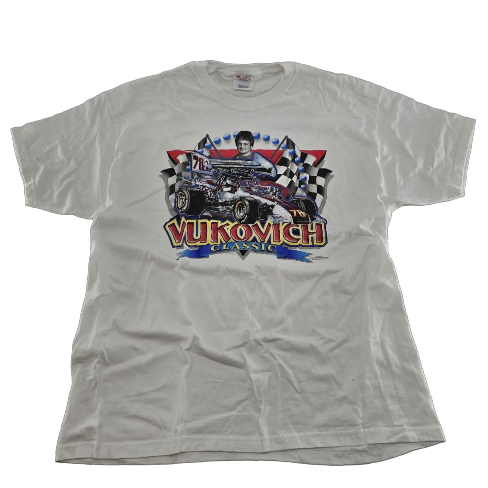 Gildan VINTAGE VUKOVICH Classic Sz XL Racing Shirt White Front & Back Graphic - VG Short Sleeve Crew Neck Men T-Shirt XL White Nike? Size US XL / EU 56 / 4 - 1 Thumbnail