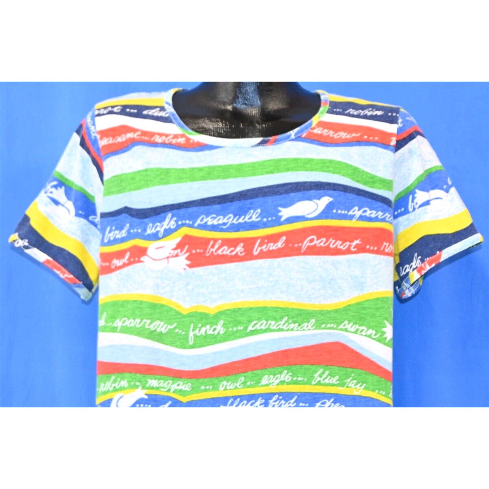 image of VTG 70's Wildlife Bird Species Aop All Over Print Rainbow Stripe T-Shirt Large L in White, Men's