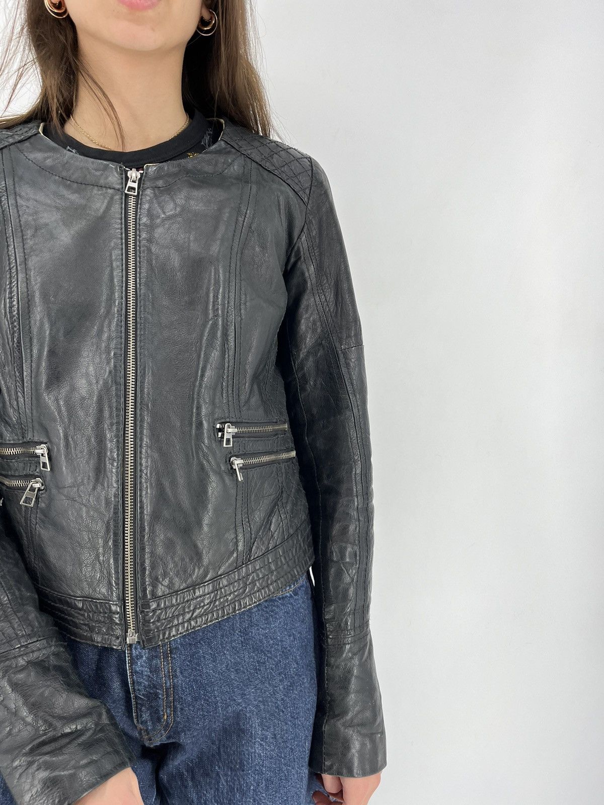 Bershka Bershka Black Authentic Leather Fitted Motorcycle Jacket Size M / US 6-8 / IT 42-44 - 6 Thumbnail