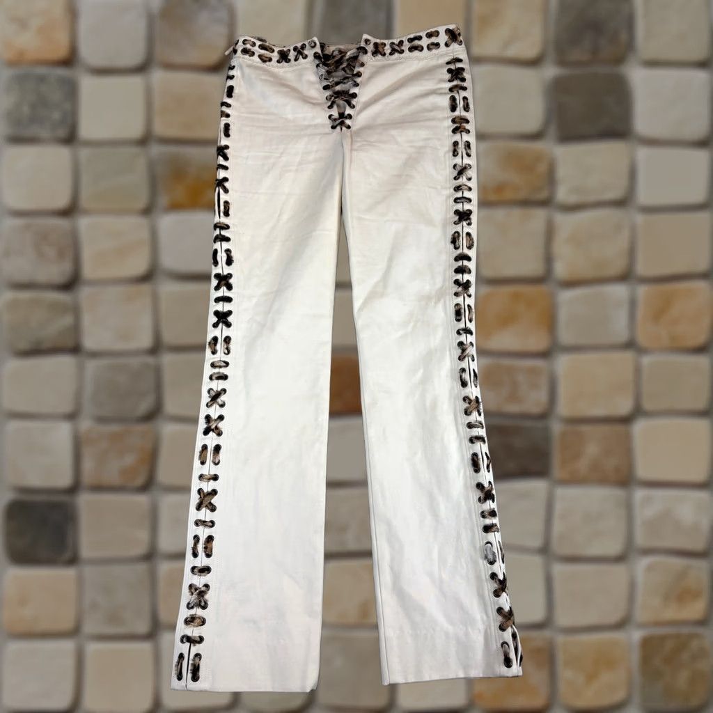 Yves Saint Laurent VINTAGE Yves Saint Laurent Pants Womens Cream Lace Up Straight Trousers 29 Size 29" - 1 Thumbnail