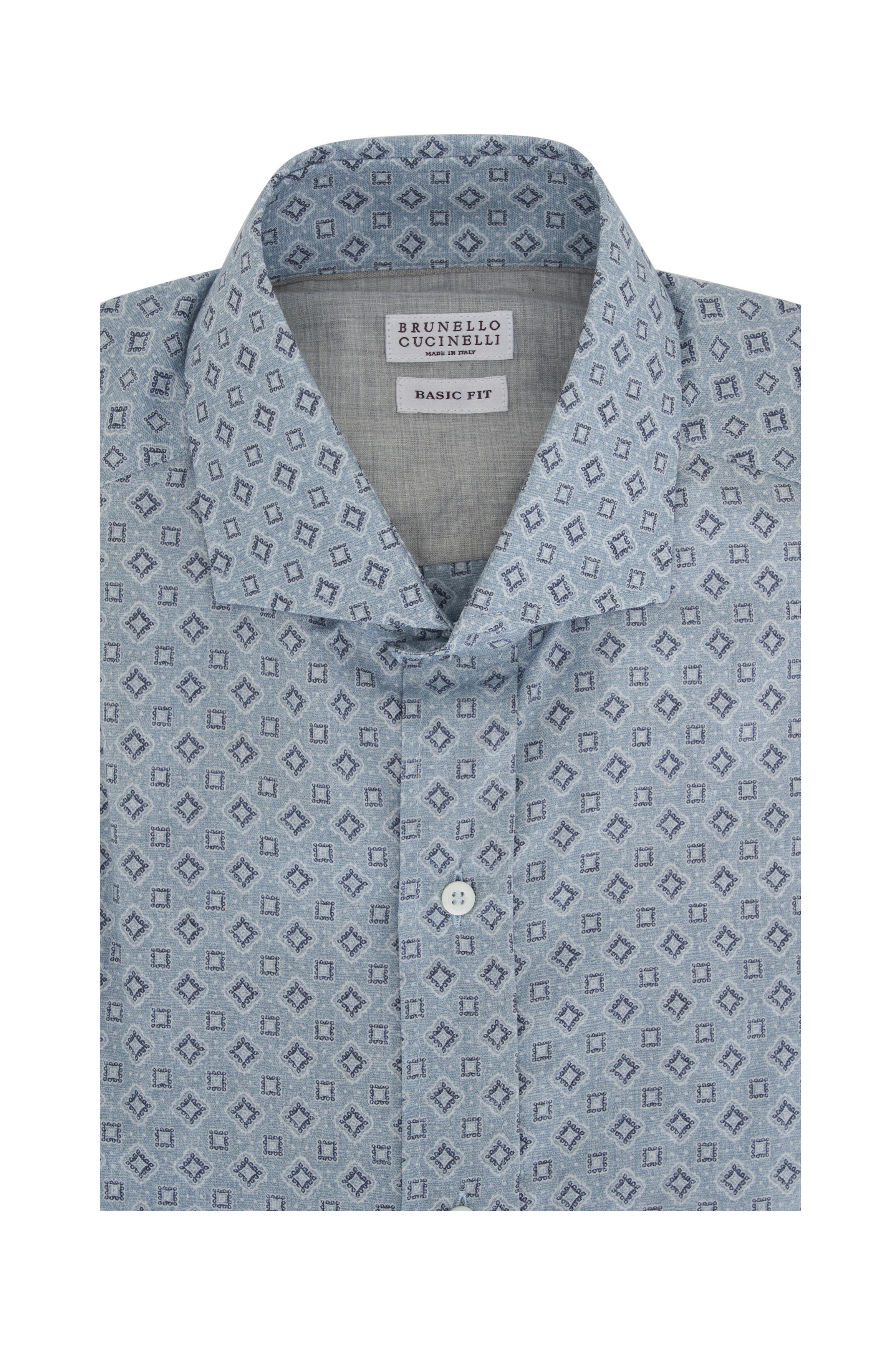 Brunello Cucinelli o1mtch0225 Geometric Print Cotton Sport Shirt in Light Blue Size US S / EU 44-46 / 1 - 1 Thumbnail