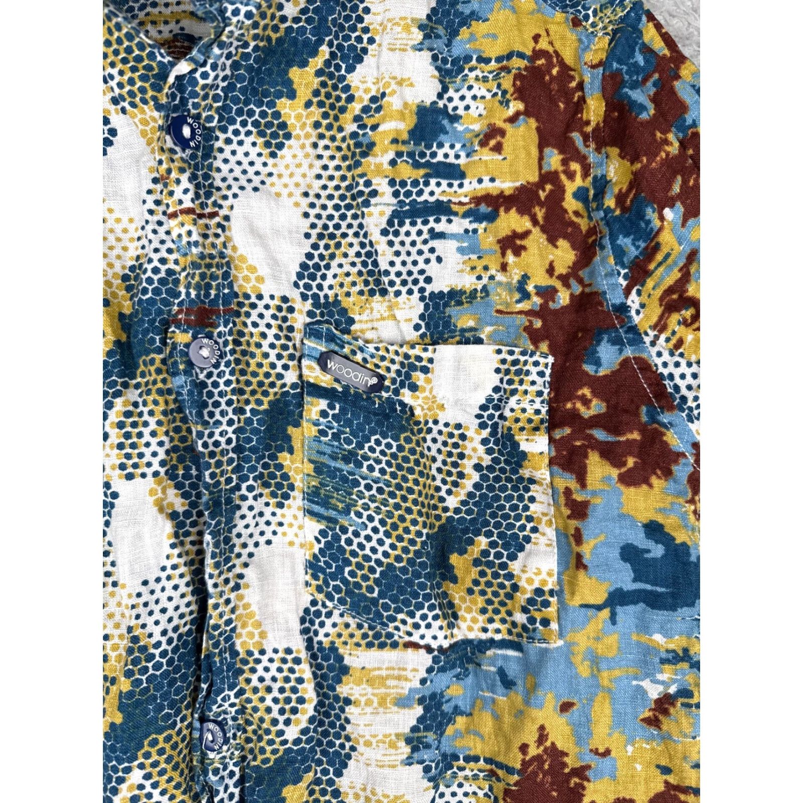 Vintage Woodin Hawaiian Shirt Men Small Blue Camo Polka Dot 100% Linen Beach Button Up Size US S / EU 44-46 / 1 - 6 Thumbnail