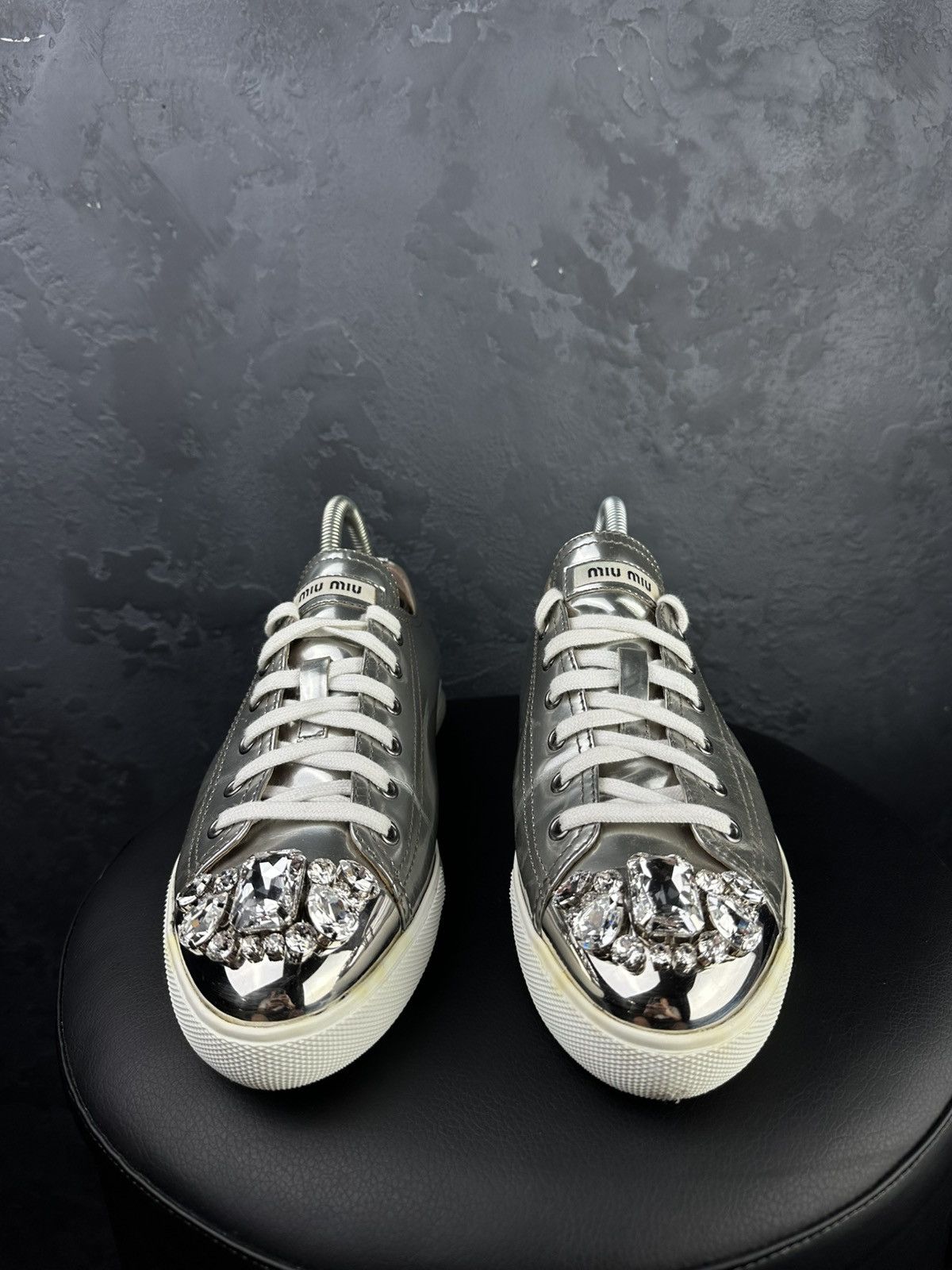 Miu Miu Miu Miu Silver Patent Leather Crystal Low-Top Sneakers Size US 10 / IT 40 - 4 Thumbnail