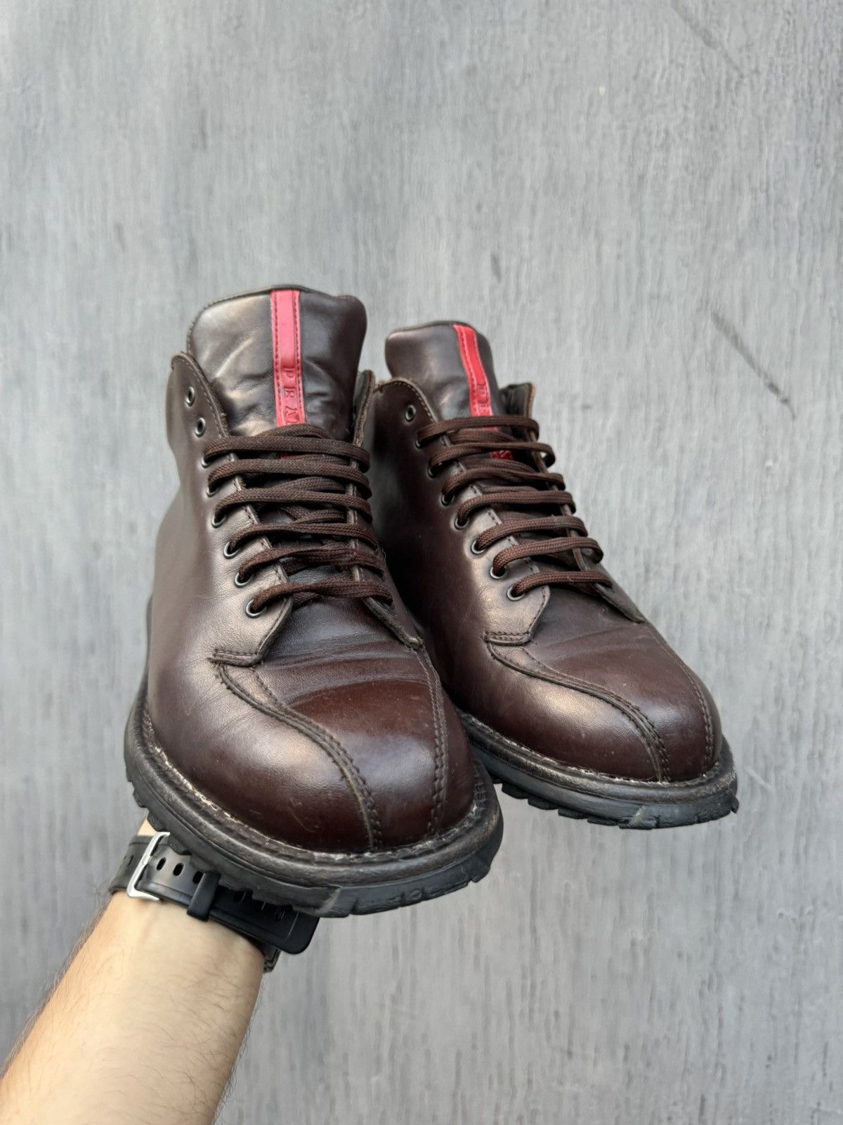 Prada × Vintage Prada Vintage Leather Brown Red Tab Boots size 39 Size US 8.5 / IT 38.5 - 5 Thumbnail