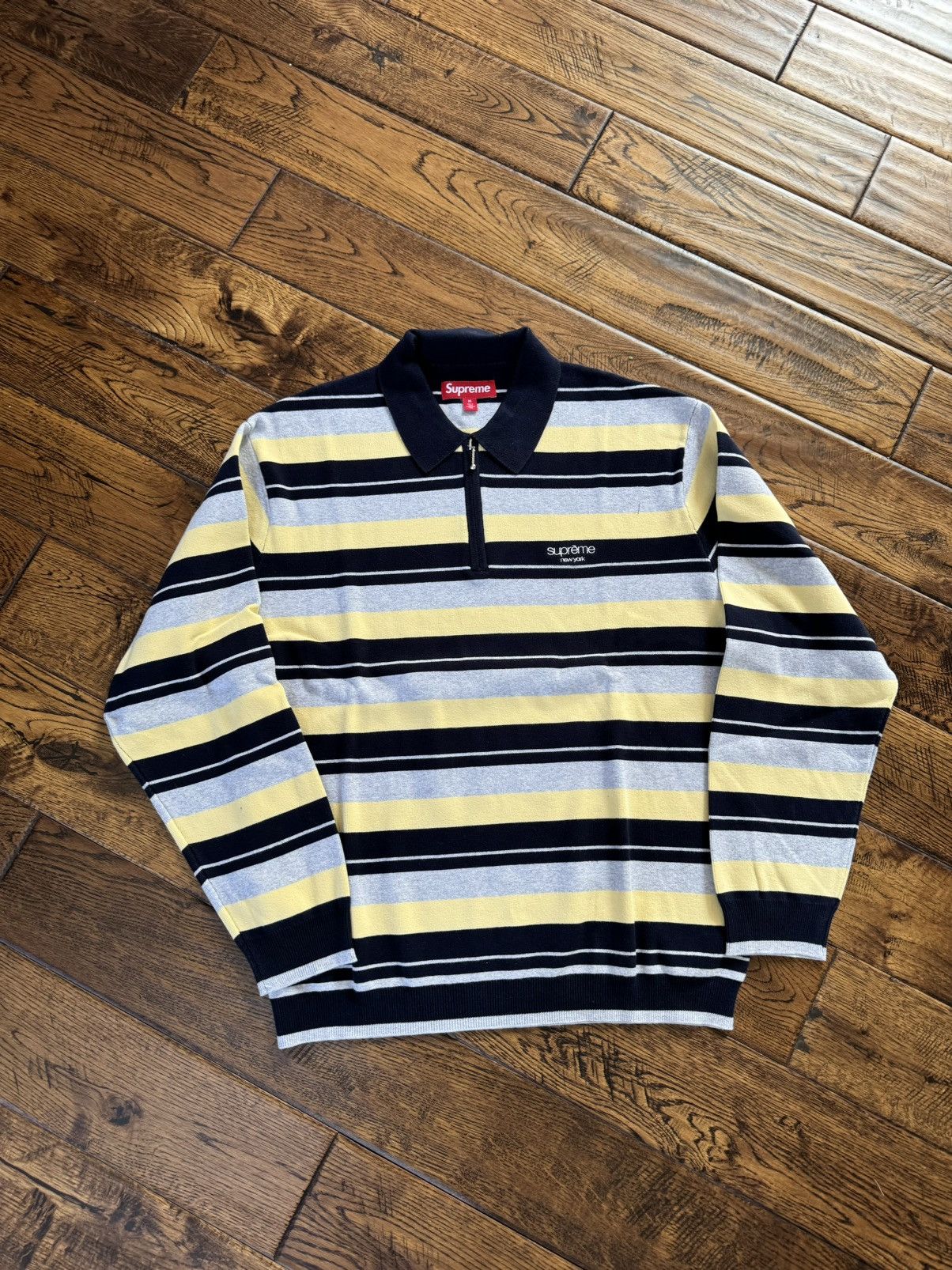 Supreme Supreme Stripe Zip L/S Polo Navy | Grailed