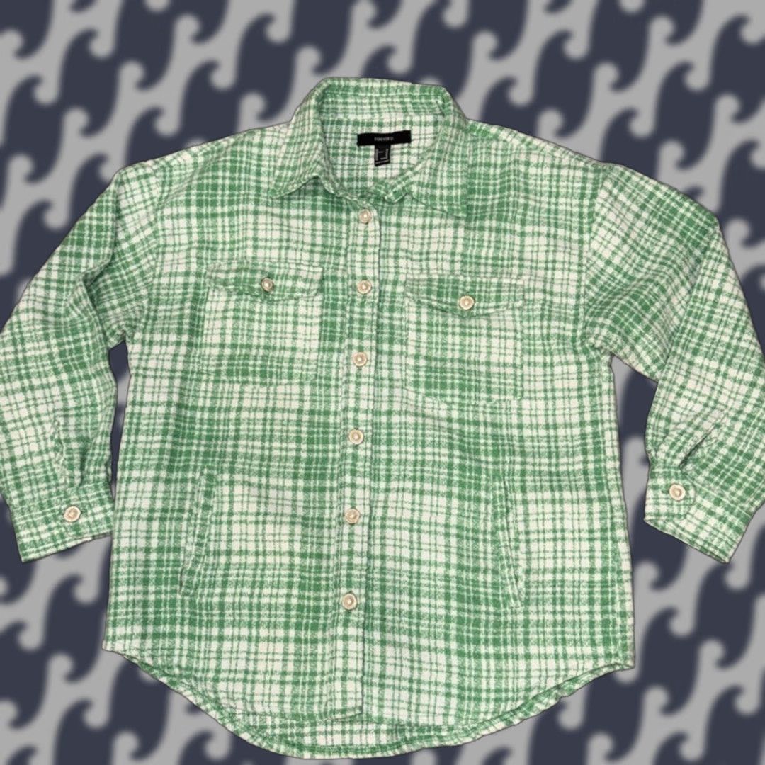 Forever 21 FOREVER 21 shacket Jacket Women M Green plaid Pearl Gold buttons Mid-Length Cotton Blend Button Pockets Relaxed 21st Century? Size M / US 6-8 / IT 42-44 - 1 Thumbnail