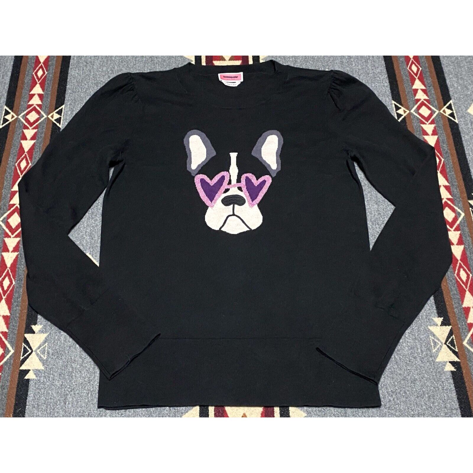 image of Vintage Kate Spade Size S Black Francois Pullover Sweater Frenchie Bulldog Glitter T7 in White, Wom