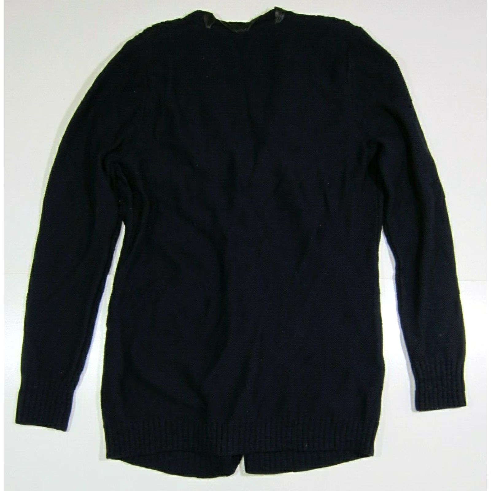 Elie Tahari VINTAGE Elie Tahari Cardigan Navy Blue 100% Wool Knit Women Large Open Neck Leather Trim Cardigan Sweater Size L / US 10 / IT 46 - 2 Thumbnail