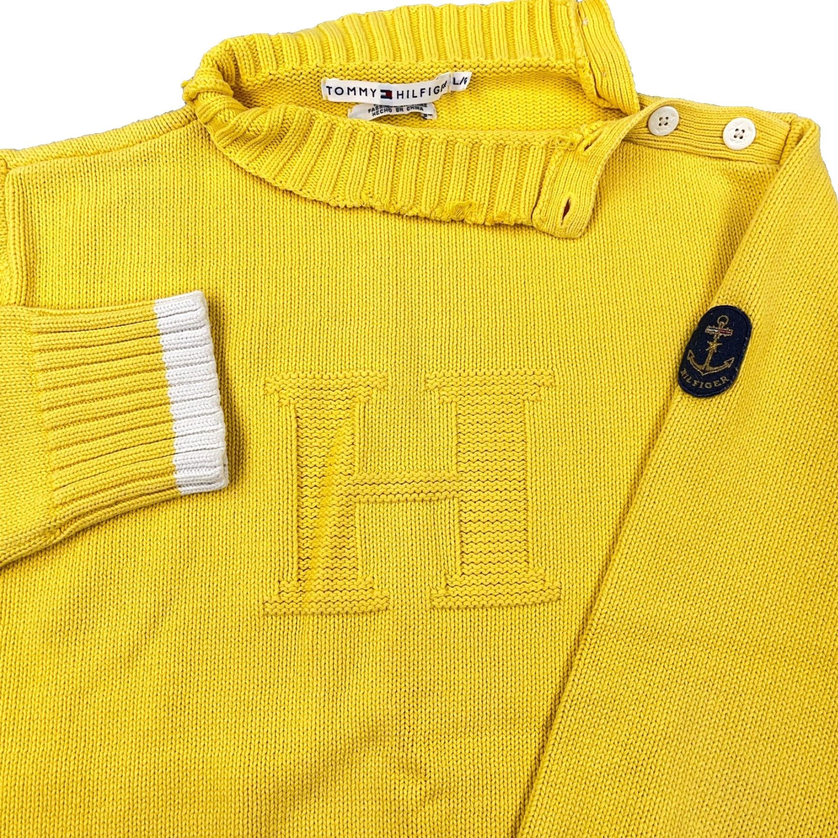 Tommy Hilfiger VINTAGE Tommy Hilfiger Sweater Shirt Women Large Yellow Chunky Knit H Logo Ribbed Mock Ladies Size L / US 10 / IT 46 - 2 Thumbnail
