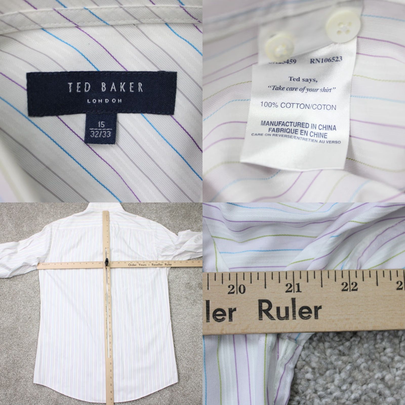 Ted Baker Ted Baker London Shirt Mens 15, 32/33 White/Blue/Purple 100% Cotton L/S Button-Down Collar Shirt/Dress Size US M / EU 48-50 / 2 - 7 Thumbnail