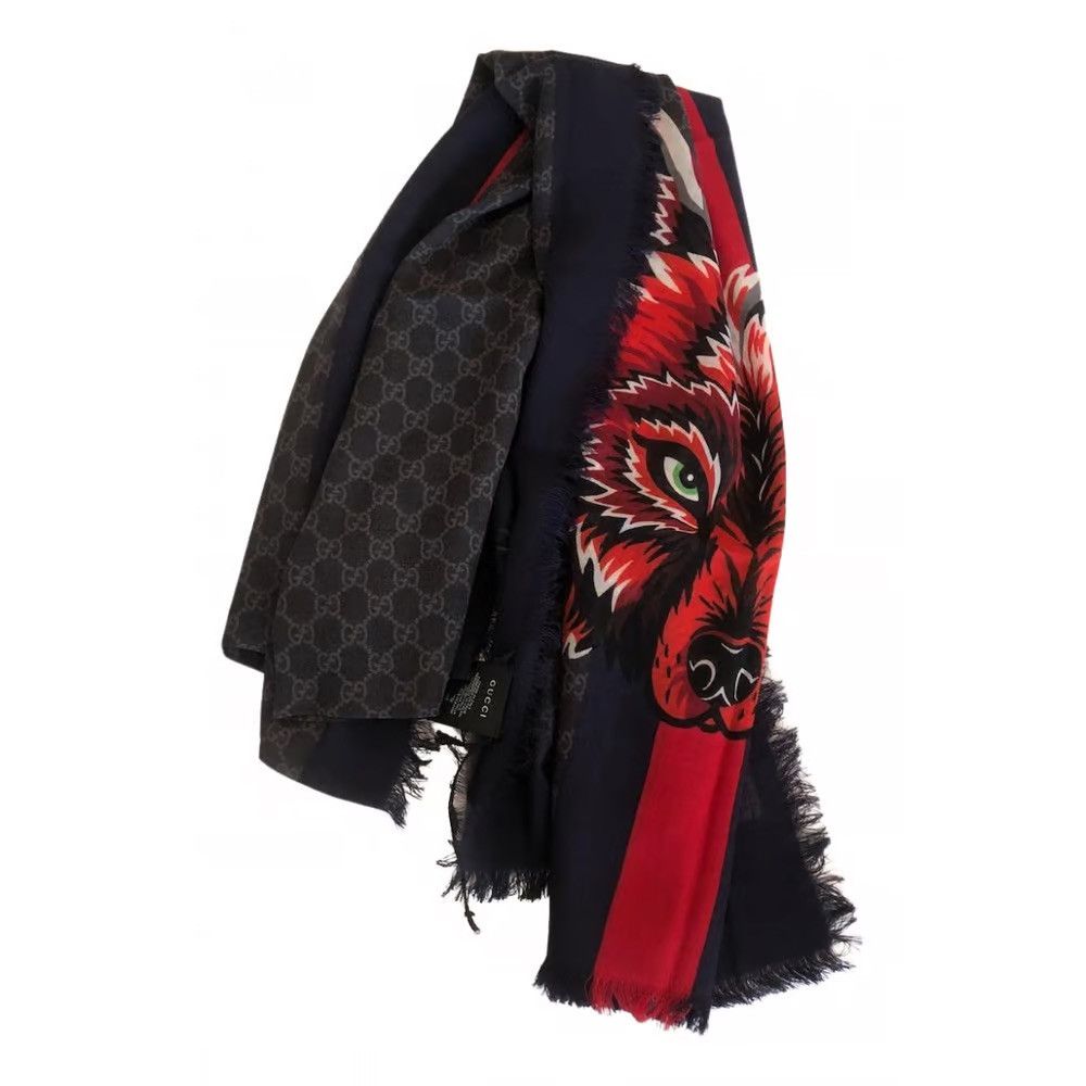 image of Gucci Multicolored Embroidered Wolf Scarf in Black, Men's