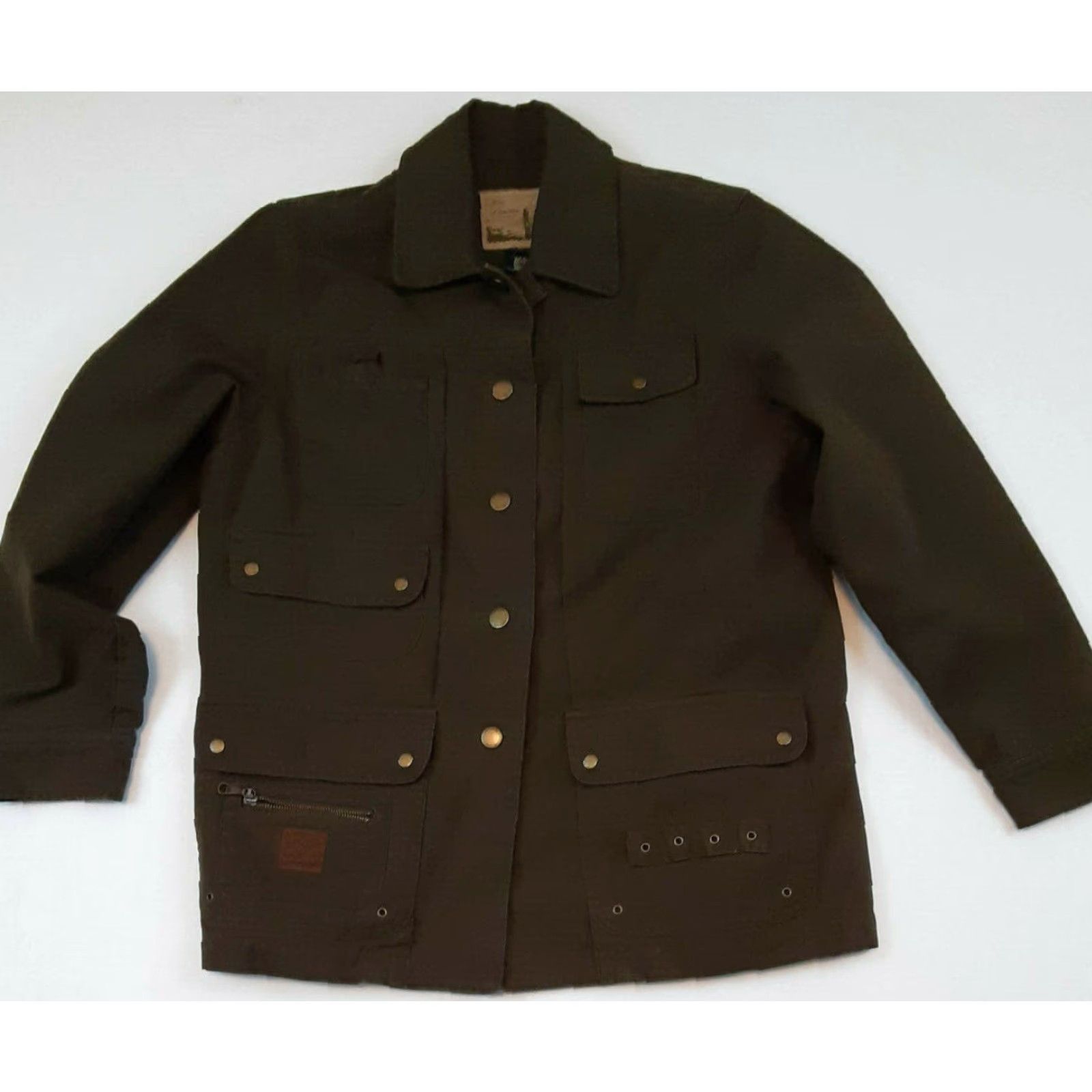 Ralph Lauren VINTAGE Lauren Ralph Lauren Womans Utility Jacket PM size Green Canvas 27in long Long Sleeve Button Zippers Outdoors Fish Pattern Size M / US 6-8 / IT 42-44 - 2 Thumbnail
