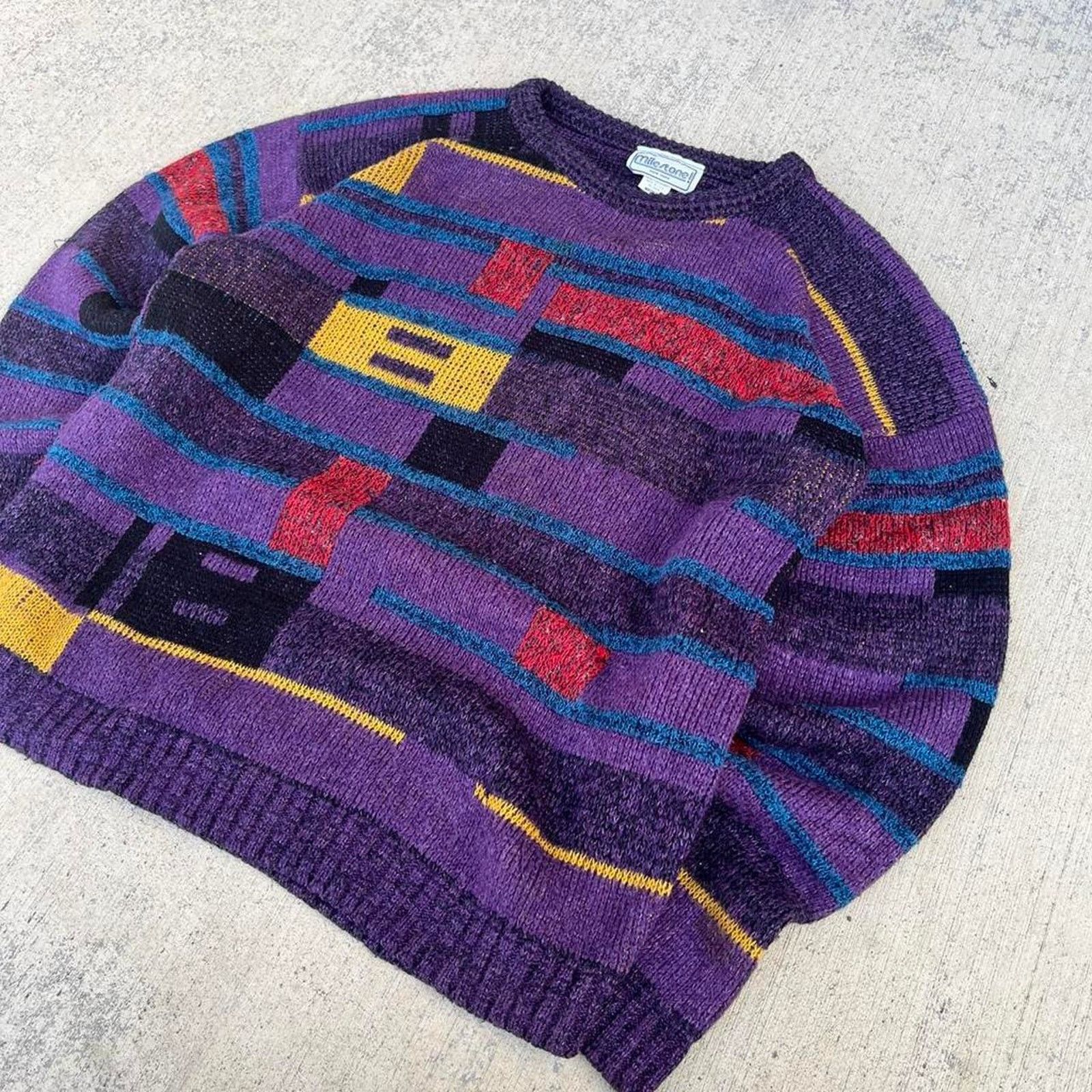 Milestone MileStone 80’s Purple Geometric Pattern Pullover Sweater Size US M / EU 48-50 / 2 - 2 Thumbnail
