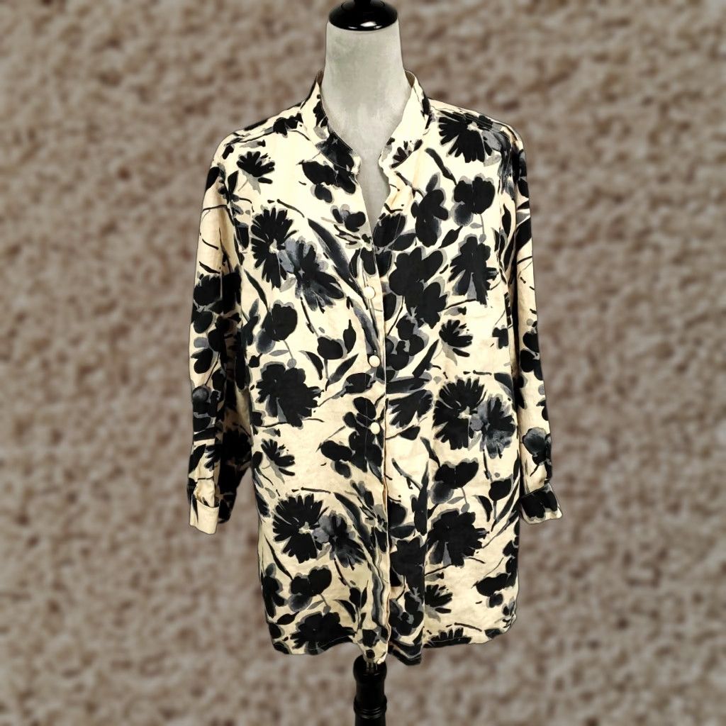 Vintage Womens Linen Jacket 2X Beige Floral Bold Button Up Artsy Alexandra Bartlett Size XXL / US 16-18 / IT 52-54 - 1 Thumbnail