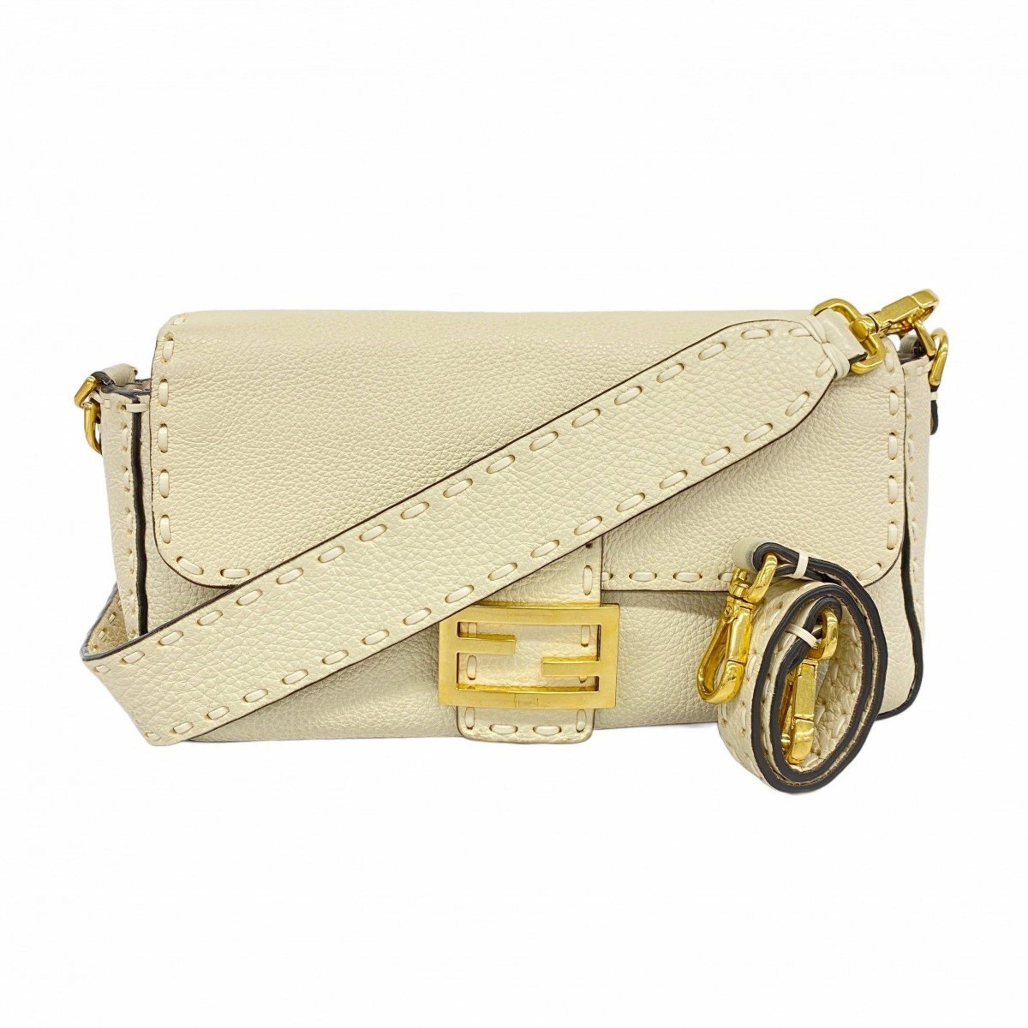 Fendi Shoulder Bag Selleria Baguette Leather Ivory Women's in Beige