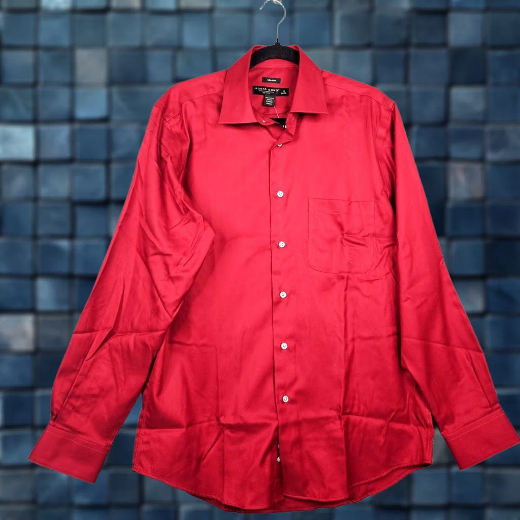 Pronto Uomo PRONTO UOMO Shirt Button-Up Red 100% Cotton Long Sleeve Size 16 New Non-Iron Button-Down Collar Mens Regular Cloth Shirt Size US L / EU 52-54 / 3 - 1 Thumbnail