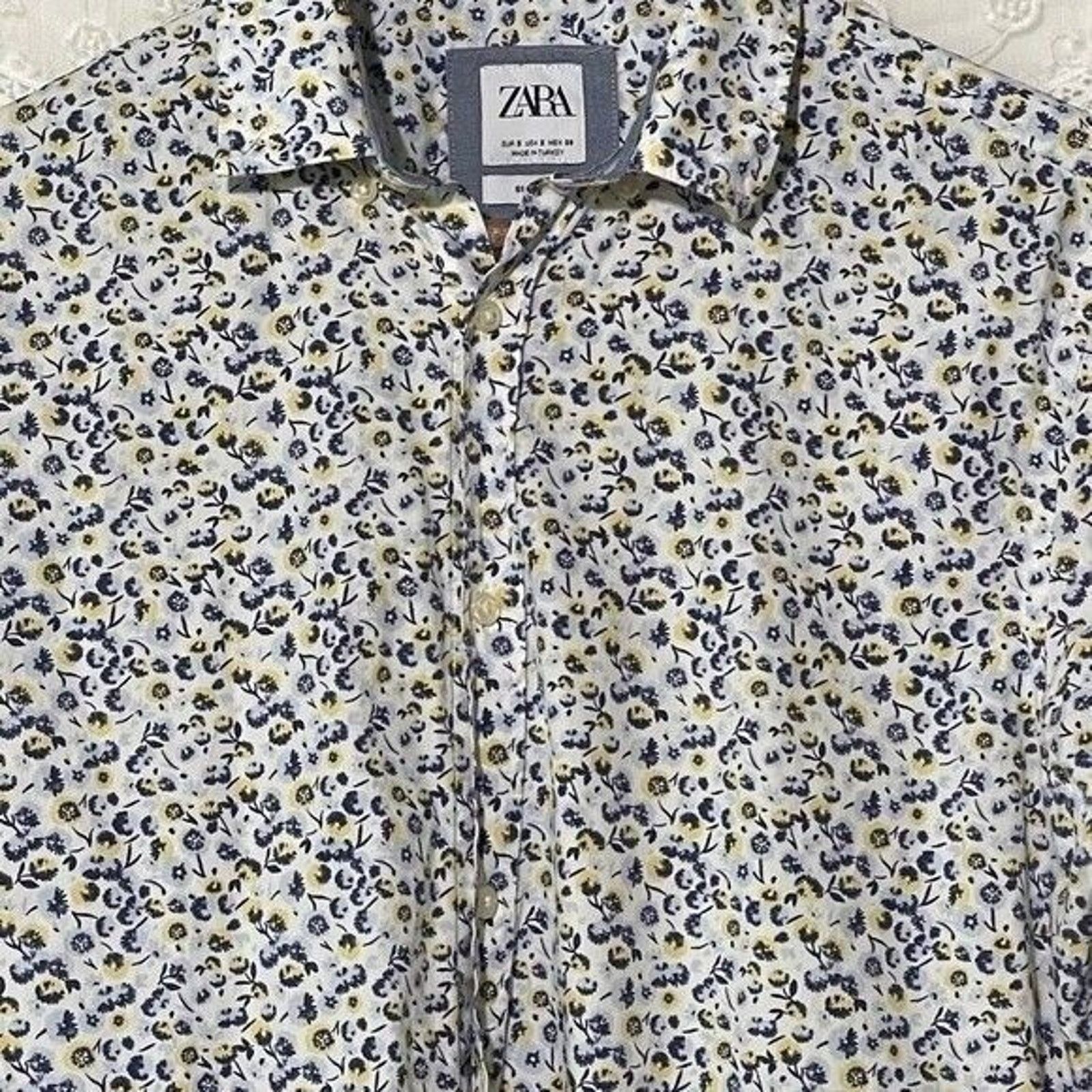 Zara Zara Shirt Shirt Small Slim Fit Ditsy Floral Blue Yellow Size S / US 4 / IT 40 - 5 Thumbnail