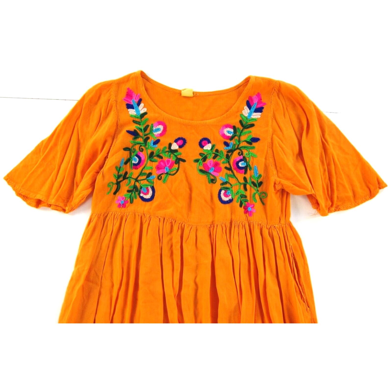 Rivieras VINTAGE Riviera Sun Dress Smock, Floral Embroidered Pocket, L-XL, Orange Green Pink, Rayon, Shirt Dress, Womens Size L / US 10 / IT 46 - 3 Thumbnail