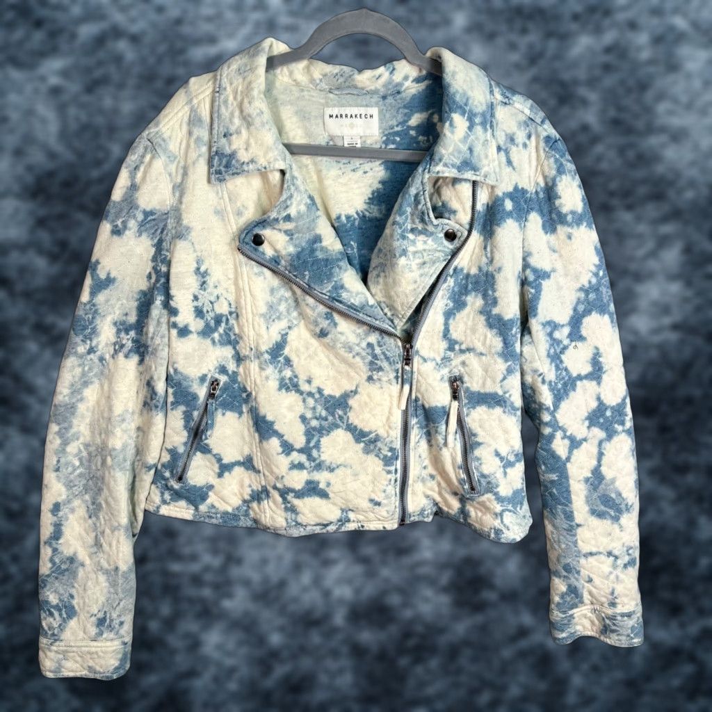Marrakech Womens L Tie-Dye Quilted Moto Jacket Blue White Cotton-Linen Blend Shirt