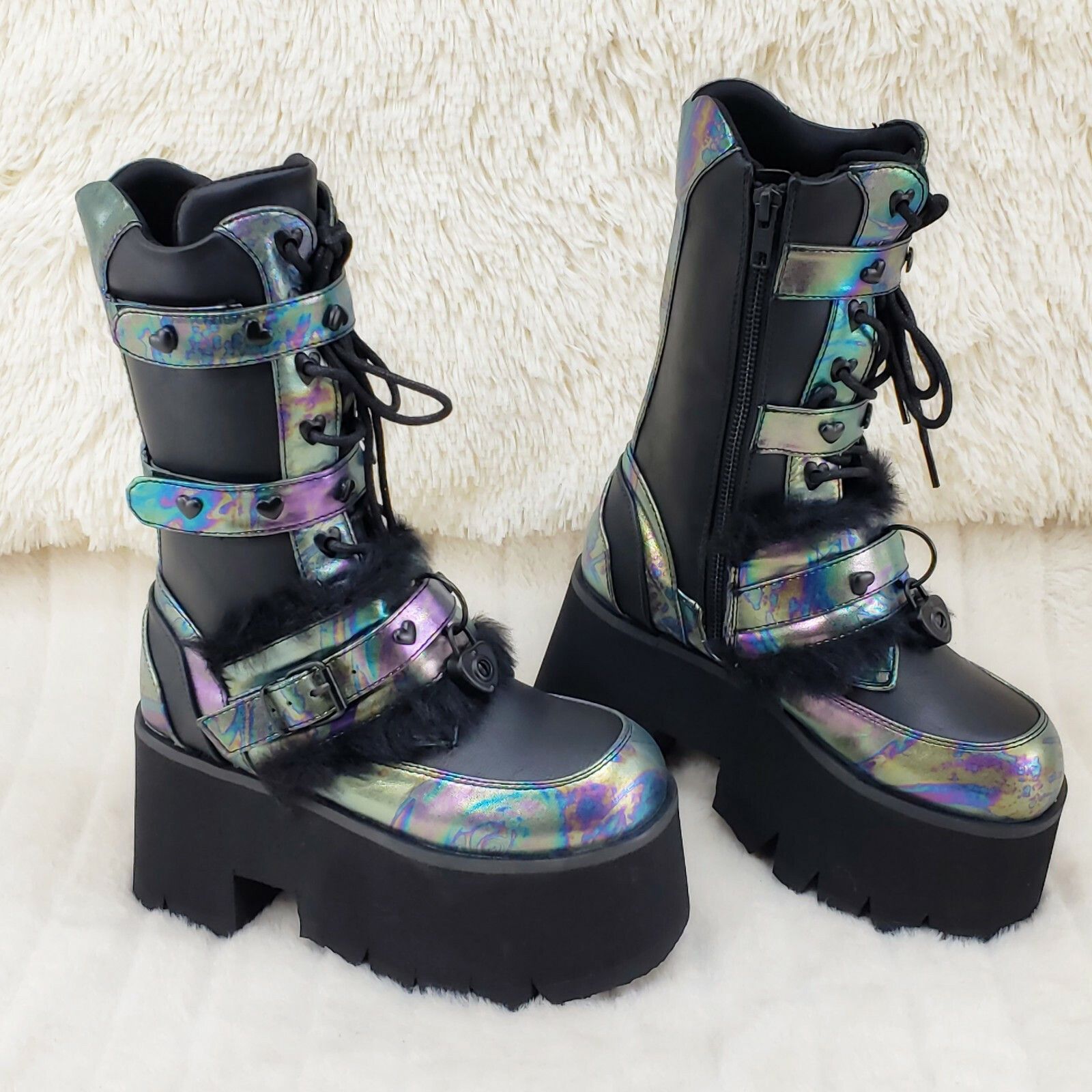 Demonia Cult DEMONIA Ashes 120 Black Faux Fur 3.5" Platform Heel Goth Pu Size US 11 / IT 41 - 2 Thumbnail