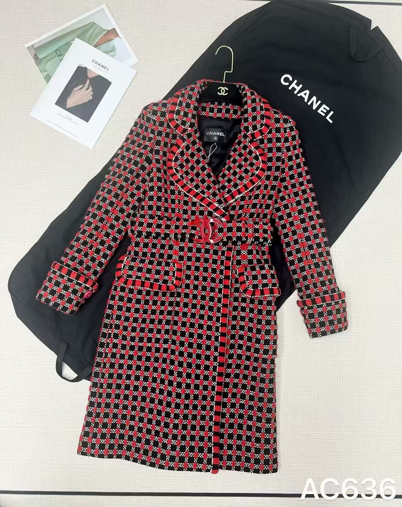 Chanel Red Black Plaid Long Coat